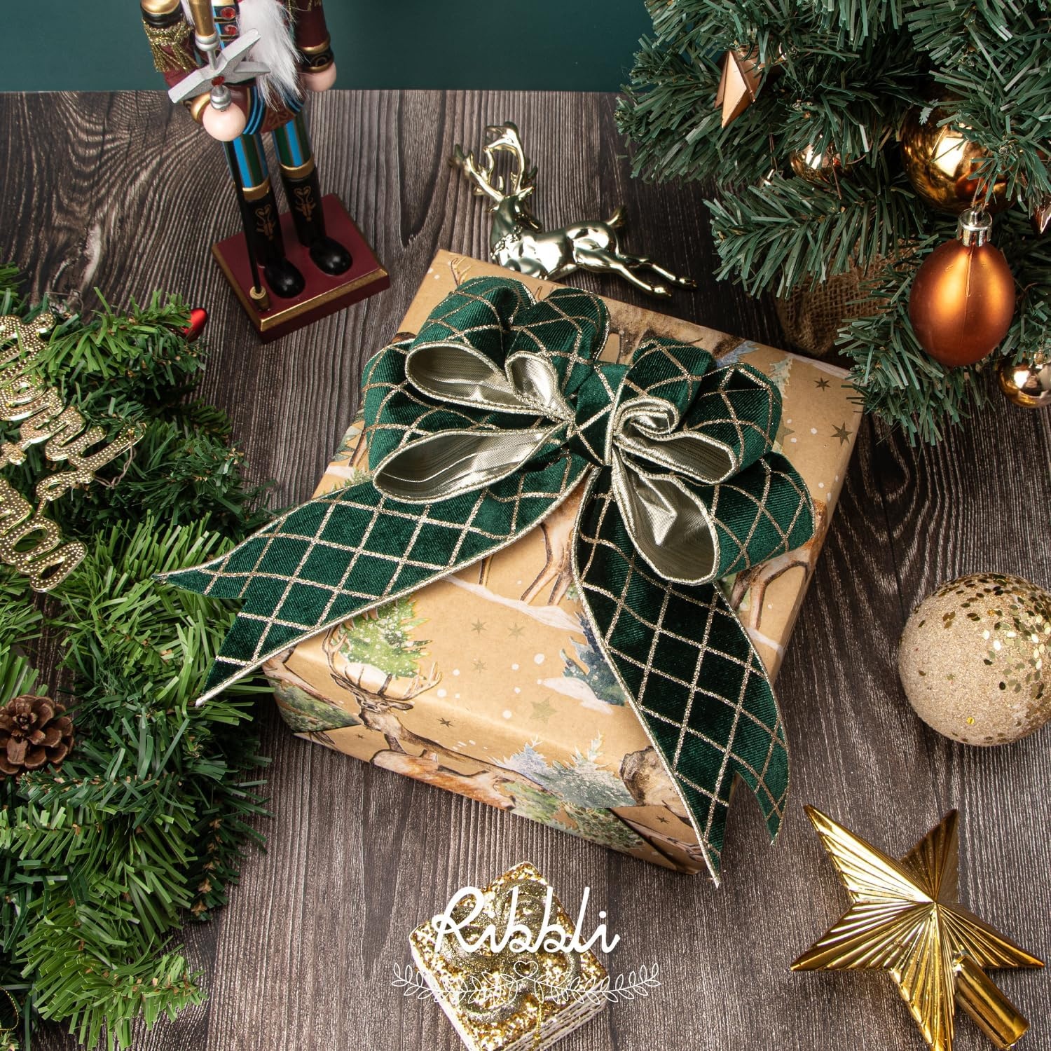Ribbli Dusty Green Velvet Ribbon Wired with Glitter Diamond Grid 2-1/2 Inch Christmas Ribbon for Christmas Tree Decoration Big Bow Gift Wrapping Crafts Wreaths Garland Supplies – 10 Yards(Forest Green)