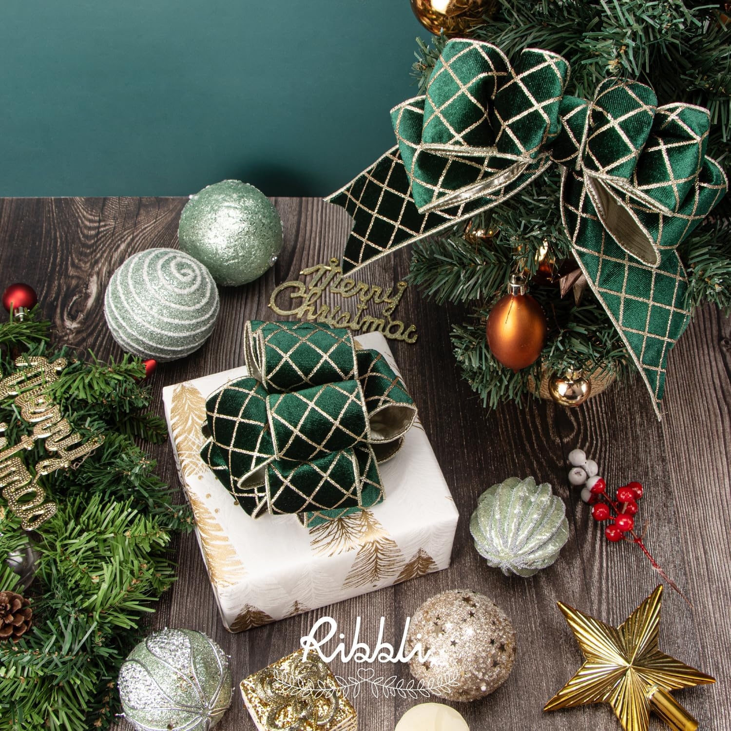 Ribbli Dusty Green Velvet Ribbon Wired with Glitter Diamond Grid 2-1/2 Inch Christmas Ribbon for Christmas Tree Decoration Big Bow Gift Wrapping Crafts Wreaths Garland Supplies – 10 Yards(Forest Green)