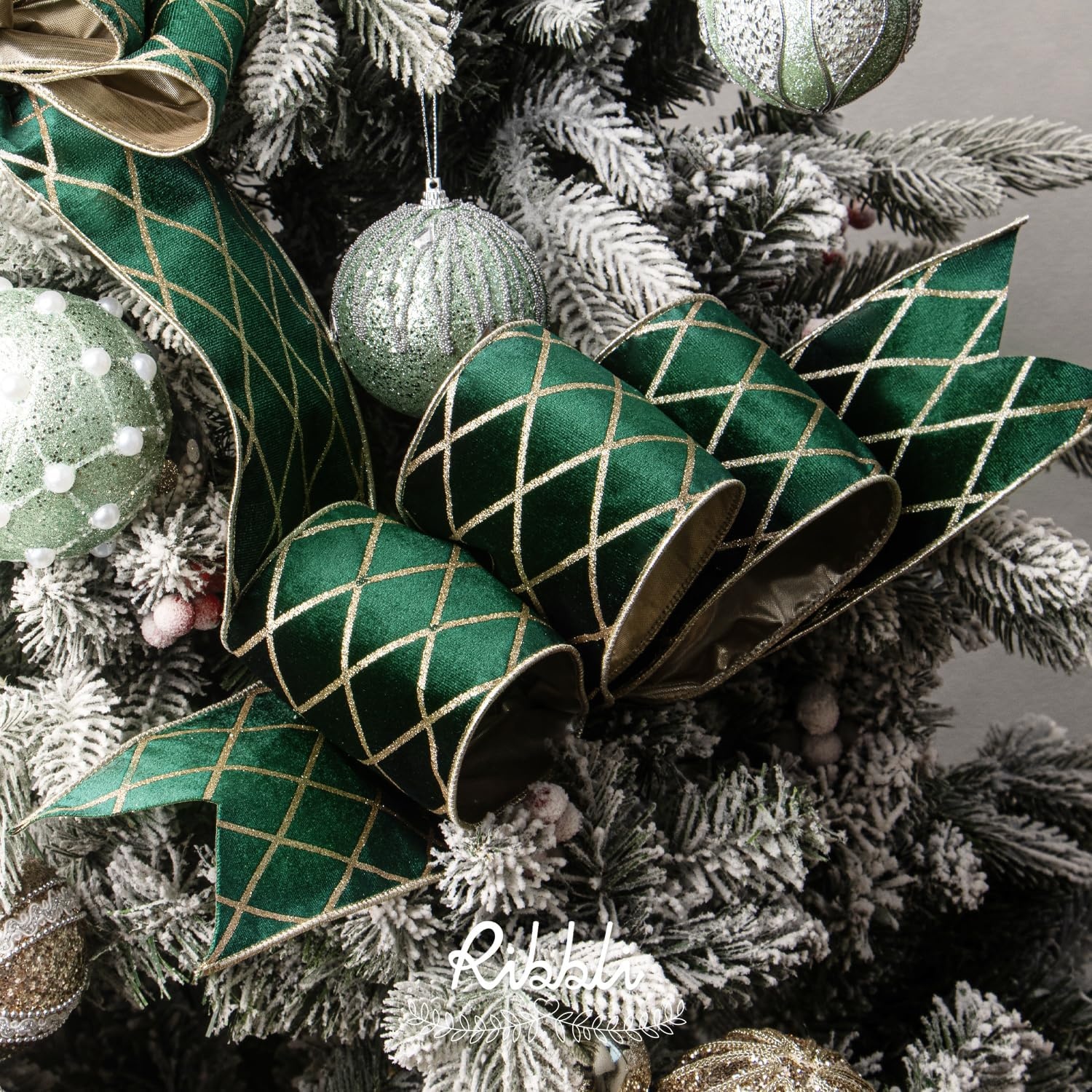 Ribbli Dusty Green Velvet Ribbon Wired with Glitter Diamond Grid 2-1/2 Inch Christmas Ribbon for Christmas Tree Decoration Big Bow Gift Wrapping Crafts Wreaths Garland Supplies – 10 Yards(Forest Green)
