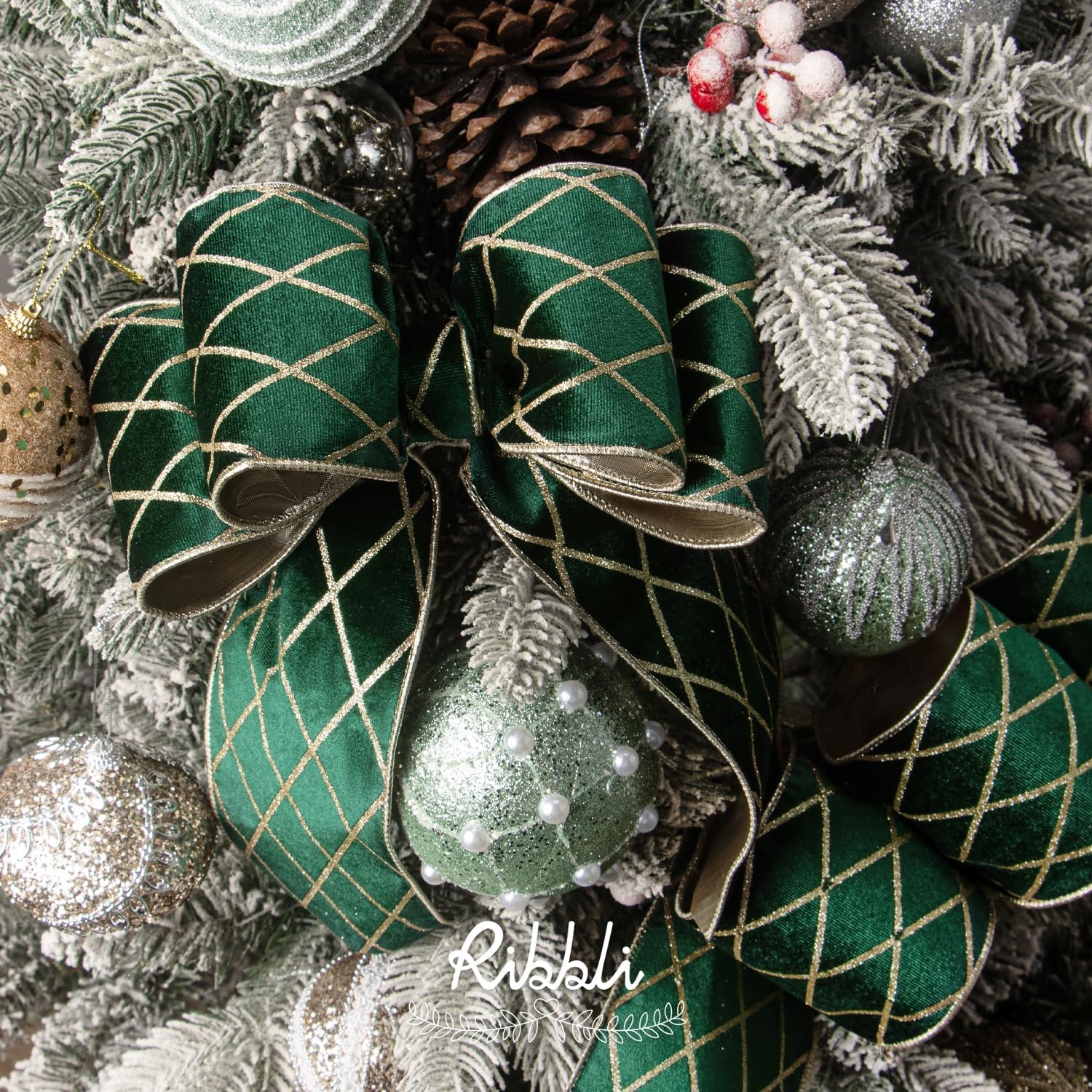 Ribbli Dusty Green Velvet Ribbon Wired with Glitter Diamond Grid 2-1/2 Inch Christmas Ribbon for Christmas Tree Decoration Big Bow Gift Wrapping Crafts Wreaths Garland Supplies – 10 Yards(Forest Green)