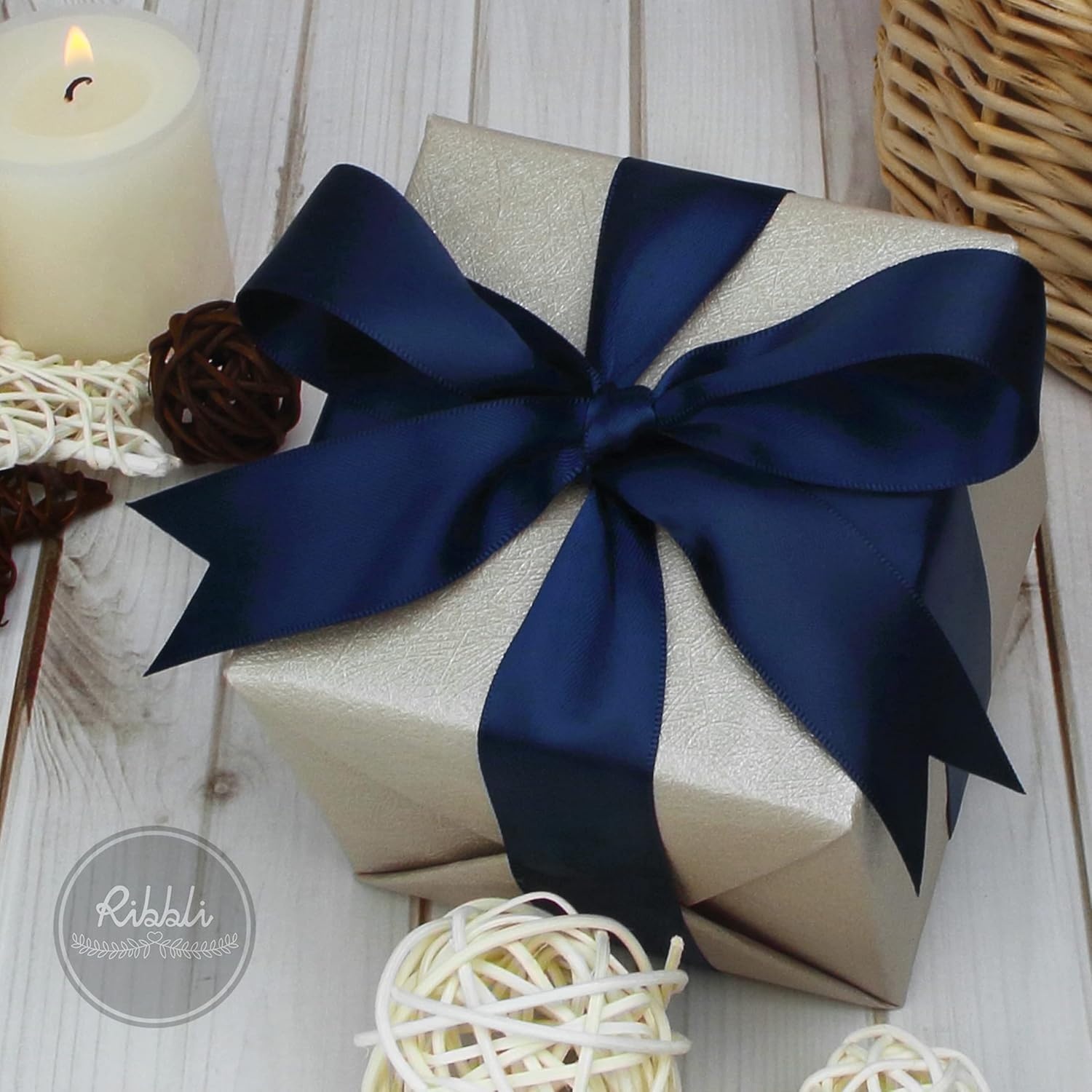 Ribbli Double Faced Rose Gold Satin Ribbon,3/8 x Continuous 25 Yards,Use for Bows Bouquet,Gift Wrapping,Floral Arrangement(Blue Navy)