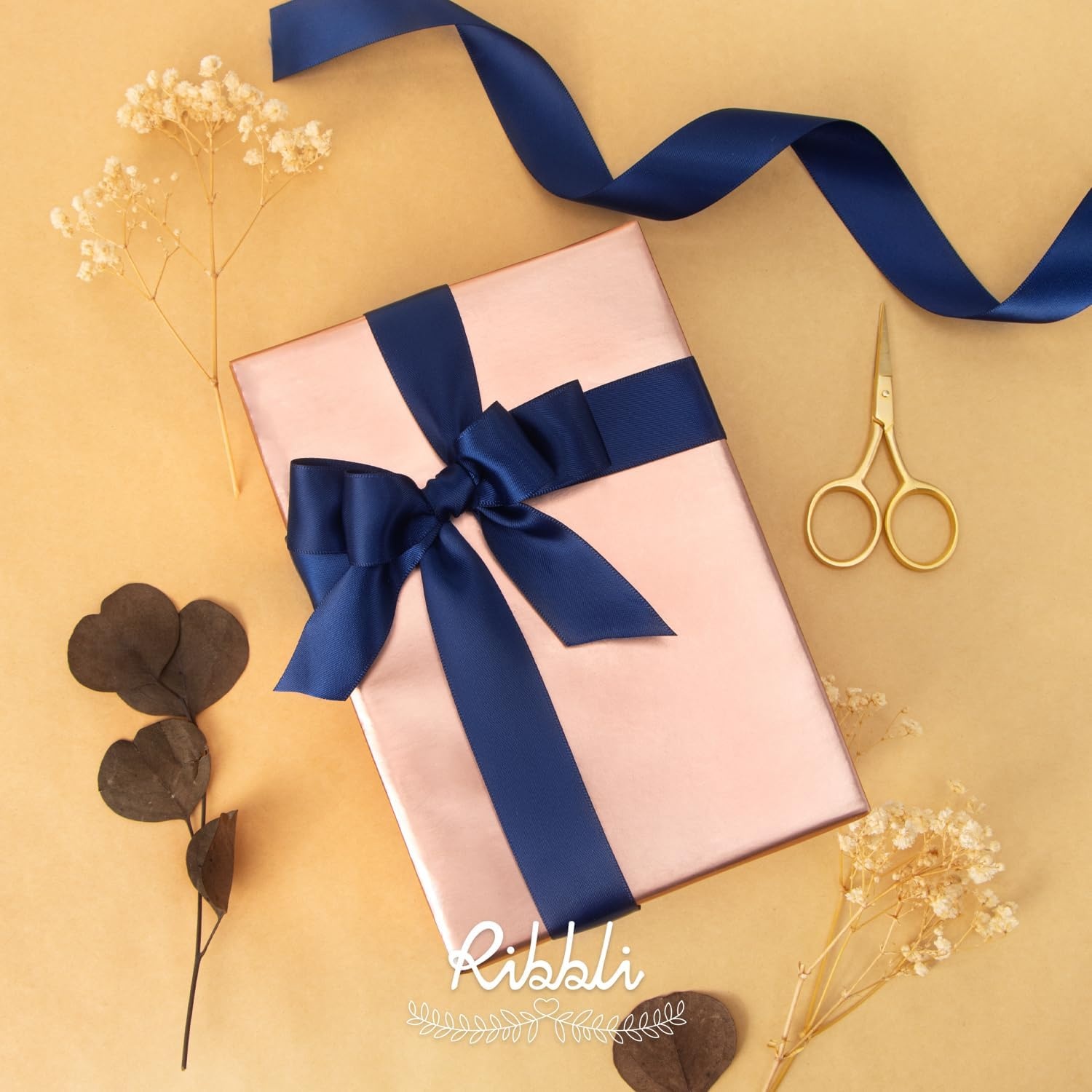 Ribbli Double Faced Rose Gold Satin Ribbon,3/8 x Continuous 25 Yards,Use for Bows Bouquet,Gift Wrapping,Floral Arrangement(Blue Navy)