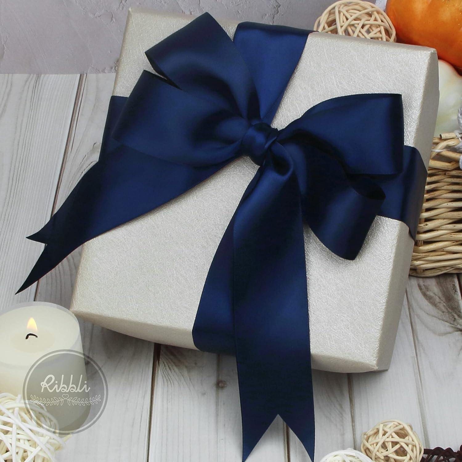 Ribbli Double Faced Rose Gold Satin Ribbon,3/8 x Continuous 25 Yards,Use for Bows Bouquet,Gift Wrapping,Floral Arrangement(Blue Navy)