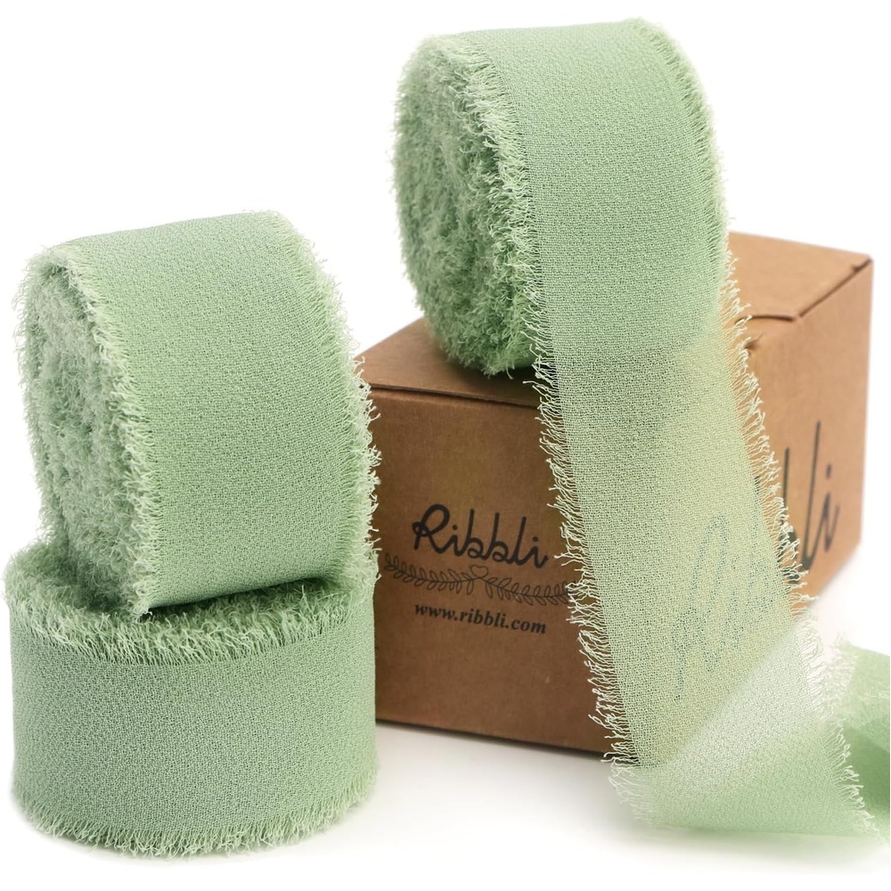 Ribbli Creamy Sage Ribbon 1 Inch x 3 Rolls Total 24 Yards Light Green Handmade Fringe Chiffon Silk Ribbon for Wrapping Wedding Invitations Bridal Bouquets DIY Crafts Home Decor(Sage Green)