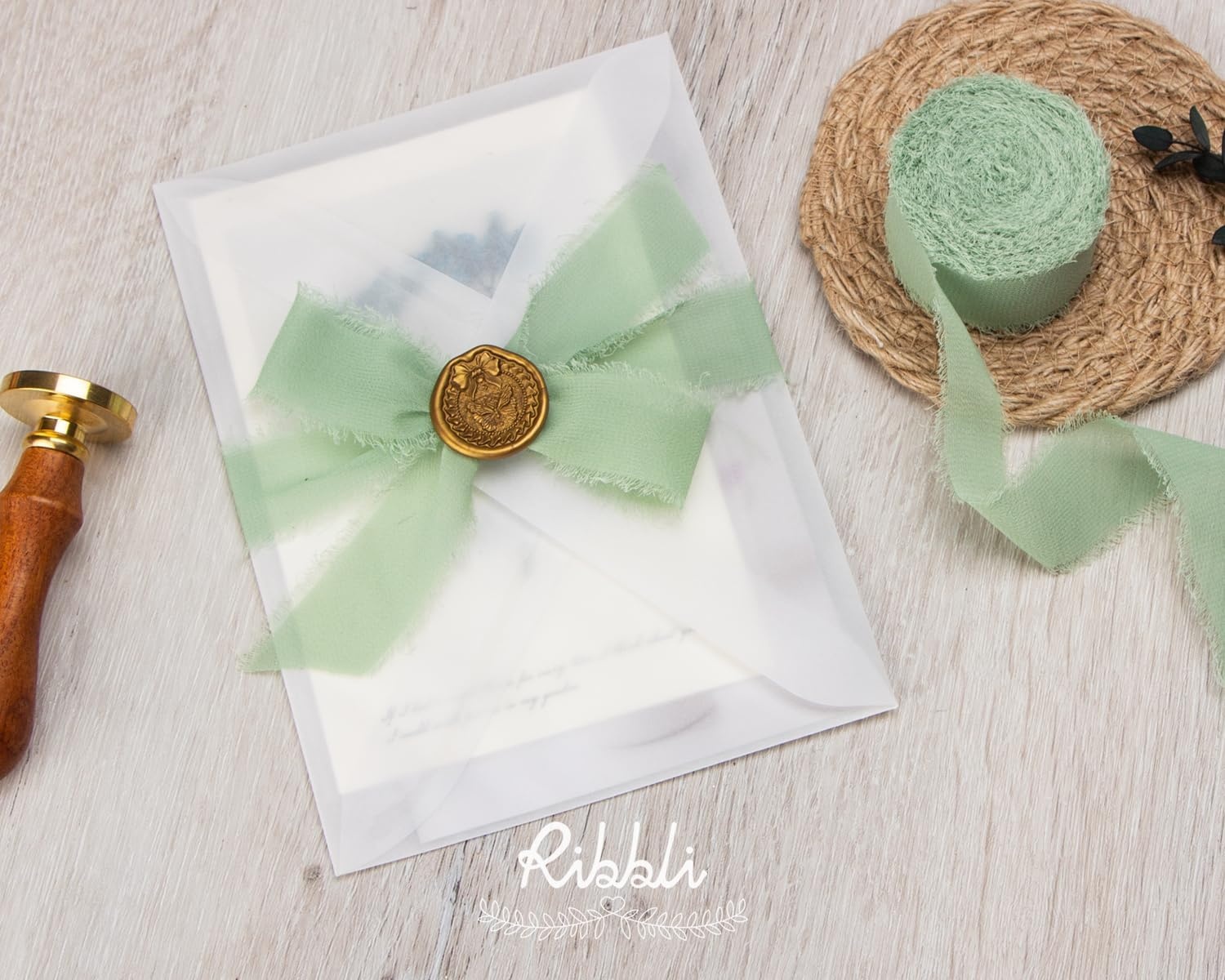 Ribbli Creamy Sage Ribbon 1 Inch x 3 Rolls Total 24 Yards Light Green Handmade Fringe Chiffon Silk Ribbon for Wrapping Wedding Invitations Bridal Bouquets DIY Crafts Home Decor(Sage Green)