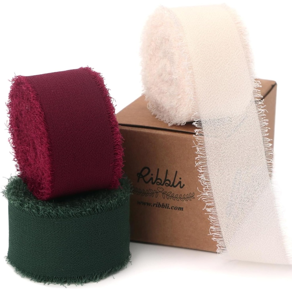 Ribbli Creamy Sage Ribbon 1 Inch x 3 Rolls Total 24 Yards Light Green Handmade Fringe Chiffon Silk Ribbon for Wrapping Wedding Invitations Bridal Bouquets DIY Crafts Home Decor(Cream/Burgundy/Green)