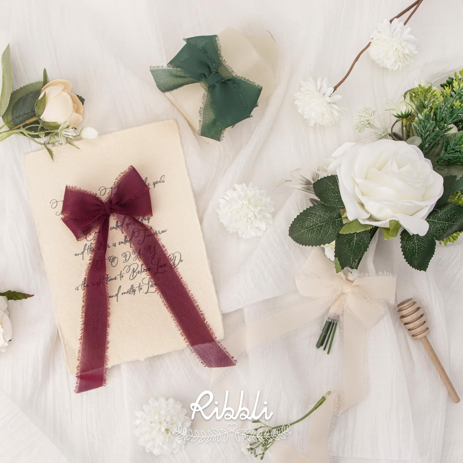 Ribbli Creamy Sage Ribbon 1 Inch x 3 Rolls Total 24 Yards Light Green Handmade Fringe Chiffon Silk Ribbon for Wrapping Wedding Invitations Bridal Bouquets DIY Crafts Home Decor(Cream/Burgundy/Green)