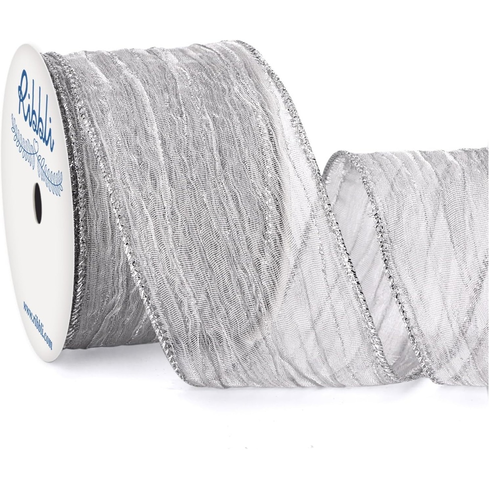 Ribbli Gold Crinkled Wired Ribbon 2.5 Inch with Metallic Wavy Christmas Ribbon for Cristmas Tree Topper Bow Wreaths Swags Gift Wrapping Wedding Decoration-Countinuous 10 Yard(Silver)