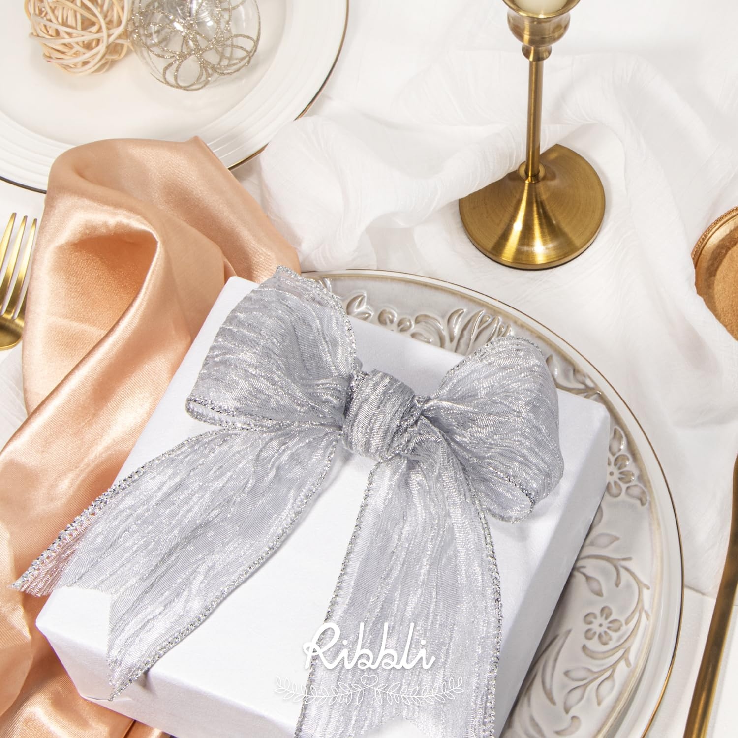 Ribbli Gold Crinkled Wired Ribbon 2.5 Inch with Metallic Wavy Christmas Ribbon for Cristmas Tree Topper Bow Wreaths Swags Gift Wrapping Wedding Decoration-Countinuous 10 Yard(Silver)