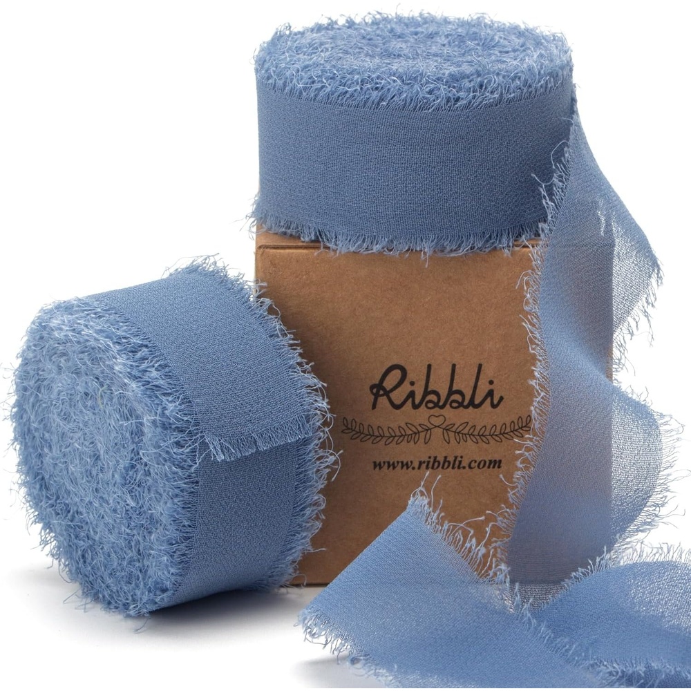 Ribbli Antique Mauve Chiffon Ribbon 1-1/2 inch x 20 Yard Handmade Fringe Chiffon Silk Ribbon,Black Ribbon for Wedding Invitations, Bridal Bouquets Wrapping, Flower Arrangement Decoration(Dusty Blue)