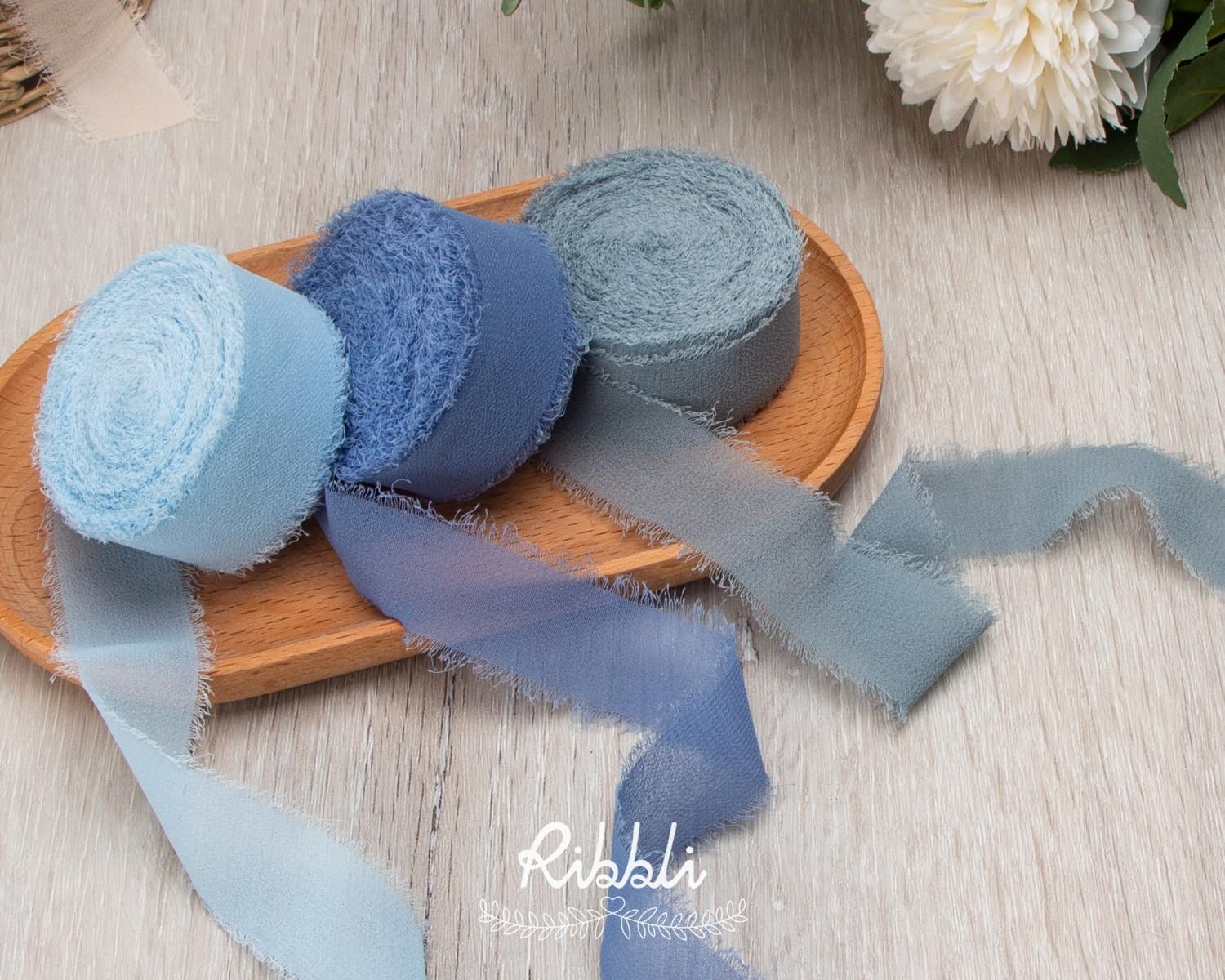 Ribbli Antique Mauve Chiffon Ribbon 1-1/2 inch x 20 Yard Handmade Fringe Chiffon Silk Ribbon,Black Ribbon for Wedding Invitations, Bridal Bouquets Wrapping, Flower Arrangement Decoration(Dusty Blue)