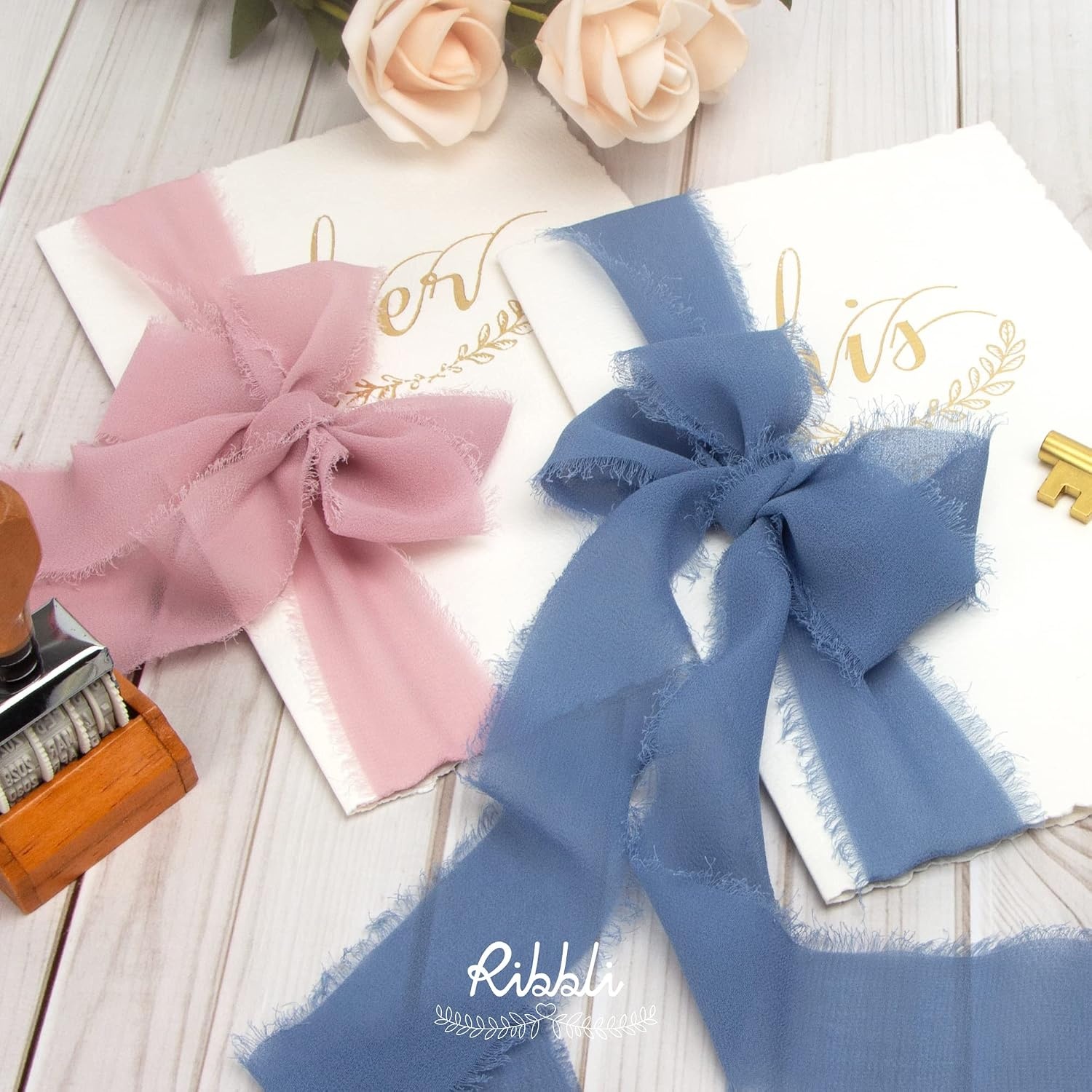 Ribbli Antique Mauve Chiffon Ribbon 1-1/2 inch x 20 Yard Handmade Fringe Chiffon Silk Ribbon,Black Ribbon for Wedding Invitations, Bridal Bouquets Wrapping, Flower Arrangement Decoration(Dusty Blue)