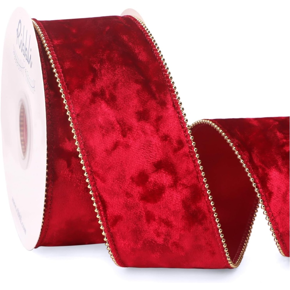 Ribbli Red Crushed Velvet Wired Ribbon with Beaded Pearl Edge, 2-1/2 Inch 10-Yard for Gift Wrapping Christmas Tree Decoration Crafts Wreaths Supplies(Red)