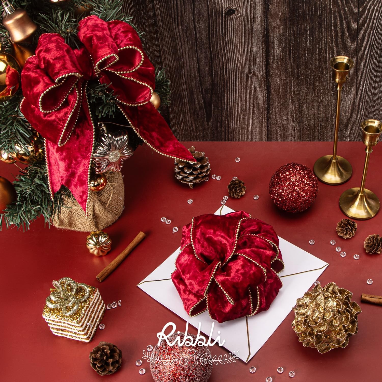 Ribbli Red Crushed Velvet Wired Ribbon with Beaded Pearl Edge, 2-1/2 Inch 10-Yard for Gift Wrapping Christmas Tree Decoration Crafts Wreaths Supplies(Red)
