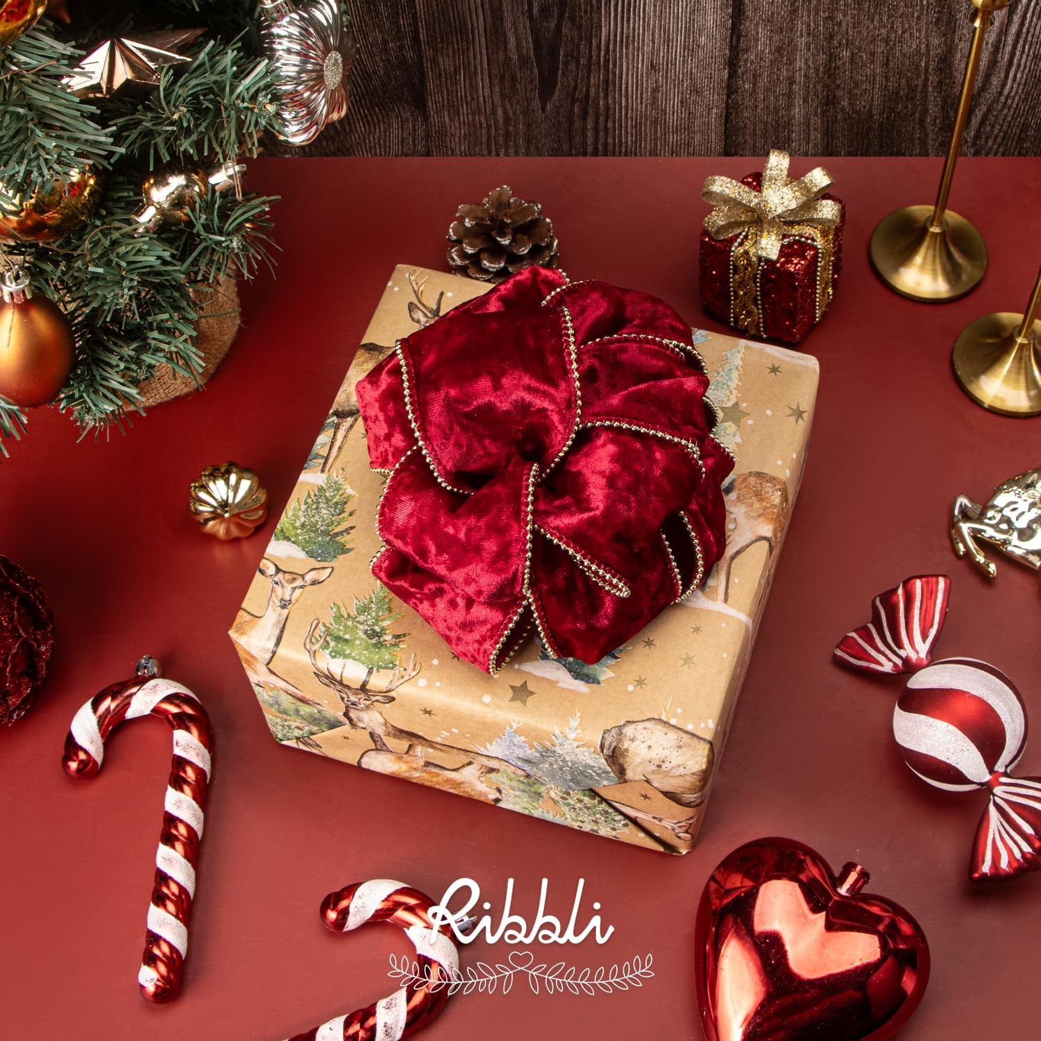 Ribbli Red Crushed Velvet Wired Ribbon with Beaded Pearl Edge, 2-1/2 Inch 10-Yard for Gift Wrapping Christmas Tree Decoration Crafts Wreaths Supplies(Red)