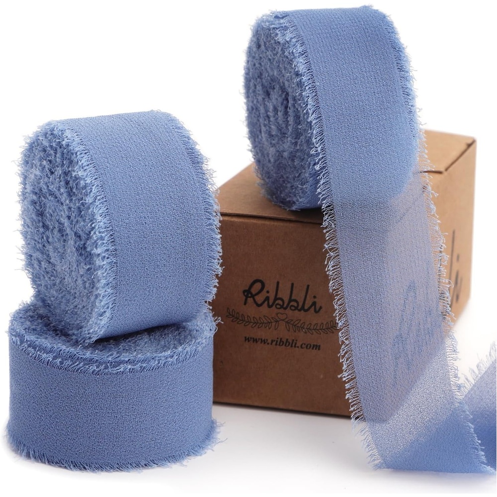 Ribbli Creamy Sage Ribbon 1 Inch x 3 Rolls Total 24 Yards Light Green Handmade Fringe Chiffon Silk Ribbon for Wrapping Wedding Invitations Bridal Bouquets DIY Crafts Home Decor(Dusty Blue)