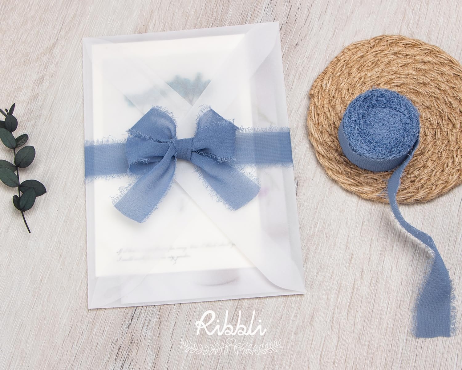 Ribbli Creamy Sage Ribbon 1 Inch x 3 Rolls Total 24 Yards Light Green Handmade Fringe Chiffon Silk Ribbon for Wrapping Wedding Invitations Bridal Bouquets DIY Crafts Home Decor(Dusty Blue)