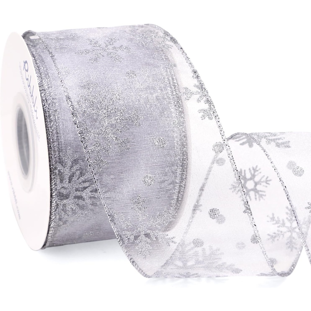 Ribbli Christmas Snowflake Glitter Wired Organza Sheer Ribbon, 2-1/2 Inch x 20 Yards Champagne with Gold Glitter Snowflake Pattern for Tree Decoration(White/Silver)