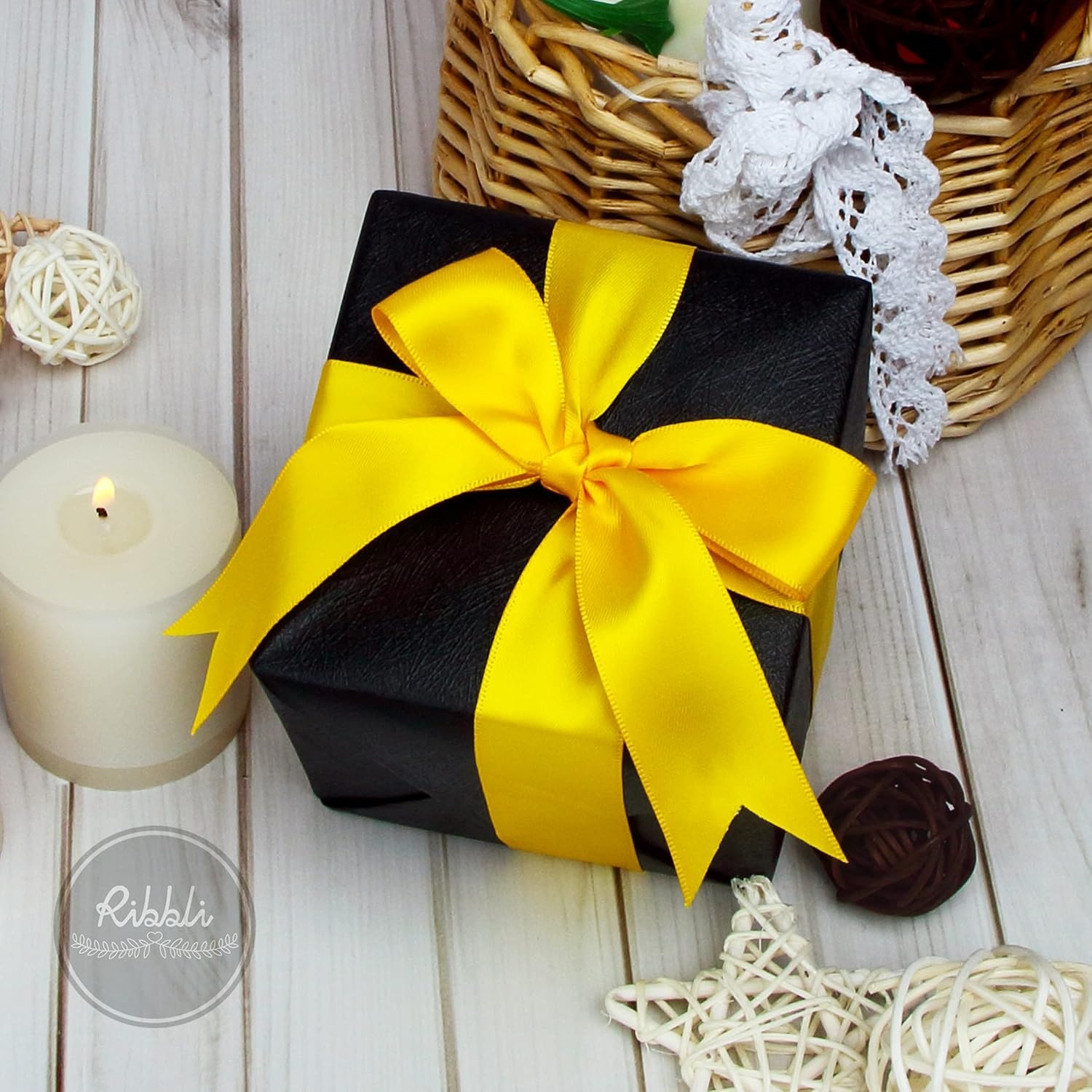 Ribbli Double Faced Rose Gold Satin Ribbon,3/8 x Continuous 25 Yards,Use for Bows Bouquet,Gift Wrapping,Floral Arrangement(Yellow Maize)