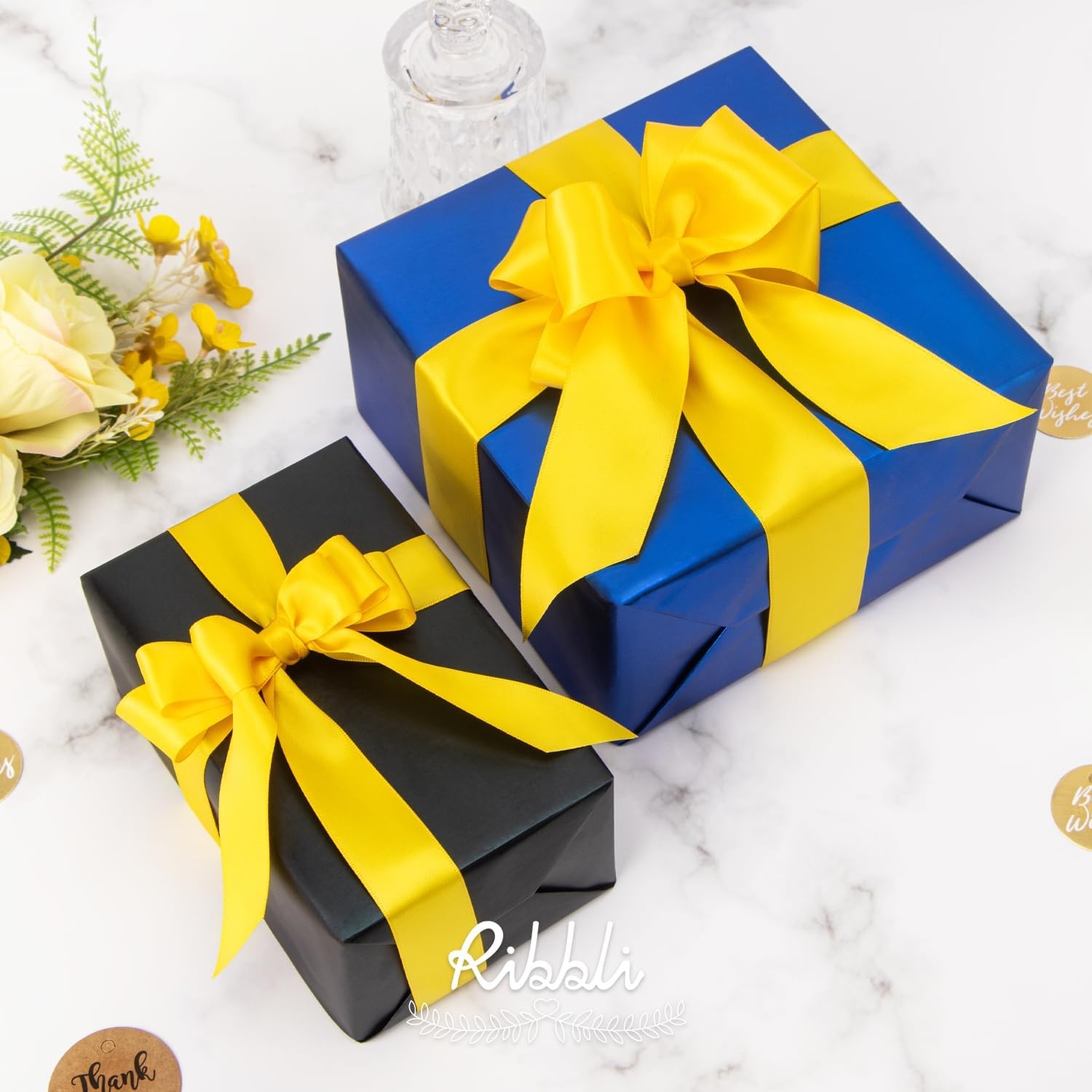 Ribbli Double Faced Rose Gold Satin Ribbon,3/8 x Continuous 25 Yards,Use for Bows Bouquet,Gift Wrapping,Floral Arrangement(Yellow Maize)