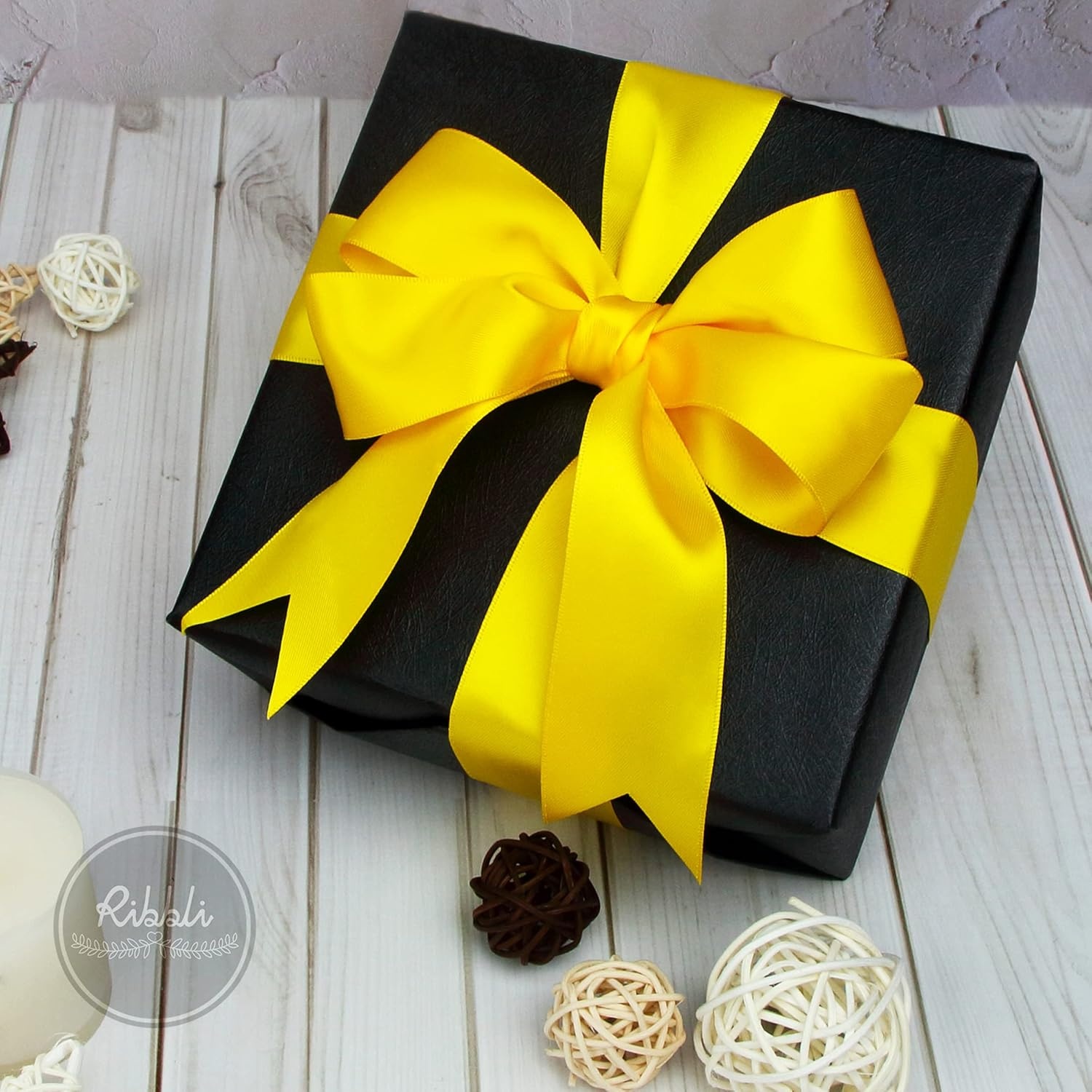 Ribbli Double Faced Rose Gold Satin Ribbon,3/8 x Continuous 25 Yards,Use for Bows Bouquet,Gift Wrapping,Floral Arrangement(Yellow Maize)