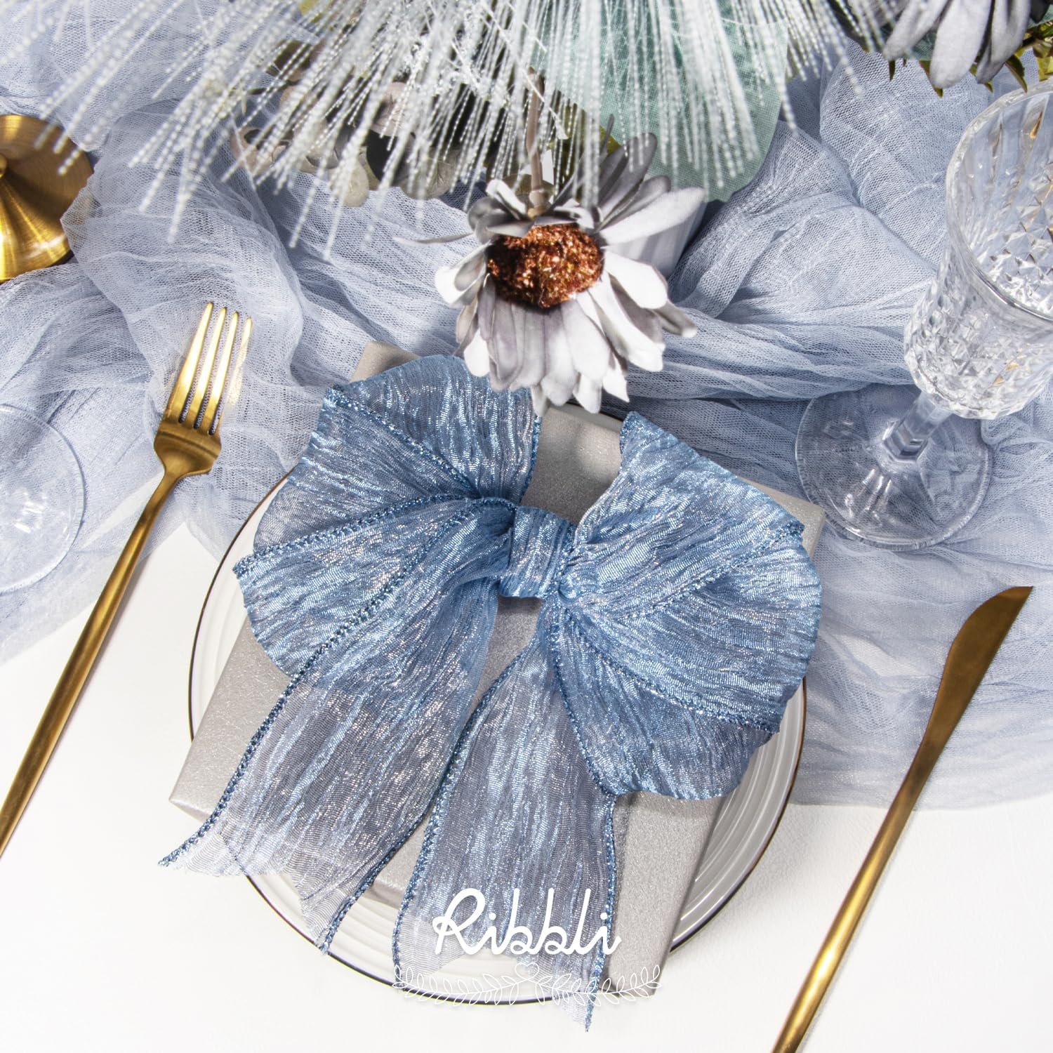 Ribbli Dusty Blue Crinkled Wired Ribbon 2.5 Inch with Metallic Wavy Christmas Ribbon for Cristmas Tree Topper Bow Wreaths Swags Gift Wrapping Wedding Decoration-Countinuous 10 Yard(Dusty Blue)