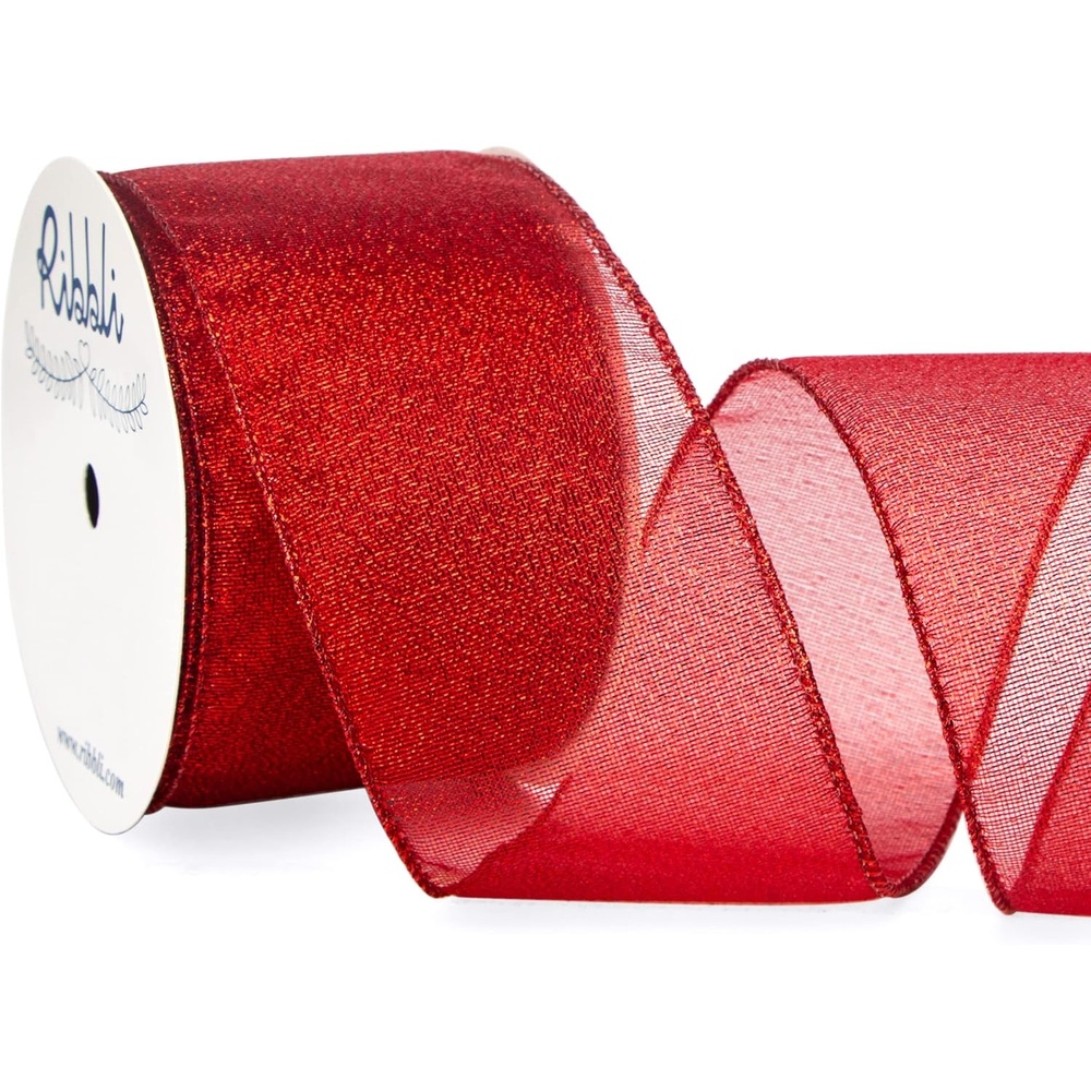 Ribbli Metallic Red Wired Ribbon,2-1/2 Inch x Continuous 10 Yard, Red Glitter Ribbon with Red Edge,Christmas Ribbon for Wreaths,Big Bow,Gift Wrapping, Christmas Tree Decoration(Red)