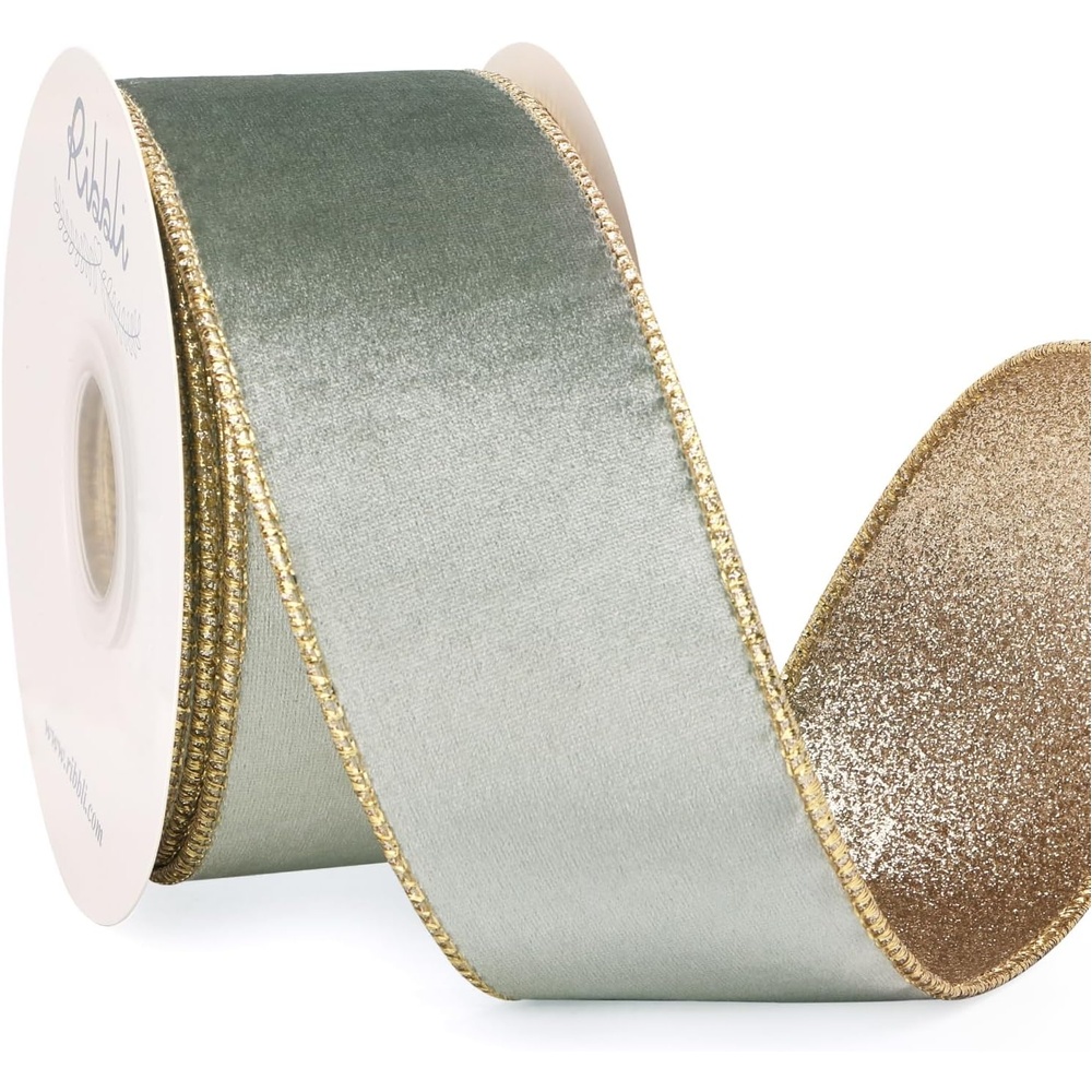 Ribbli Moss Green Velvet Ribbon Wired 2.5 Inch Glossy Velvet with Gold Glitter Christmas Ribbon for Christmas Tree Decoration Big Bow Gift Wrapping Crafts Wreaths Supplies – Continuous 10 Yards(Dusty Green)