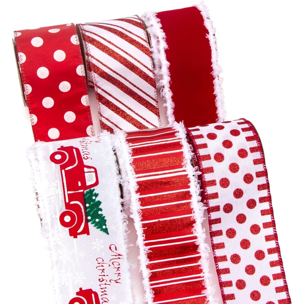 Ribbli Christmas Wired Red Truck Candy Cane Ribbon for Christmas Tree Decoration, Topper, Bow, Gift Wrapping, Wreaths, Garland – 2.5 Inch x 6 Rolls Total 30 Yd