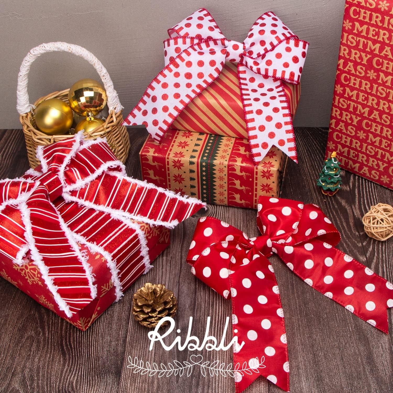 Ribbli Christmas Wired Red Truck Candy Cane Ribbon for Christmas Tree Decoration, Topper, Bow, Gift Wrapping, Wreaths, Garland – 2.5 Inch x 6 Rolls Total 30 Yd