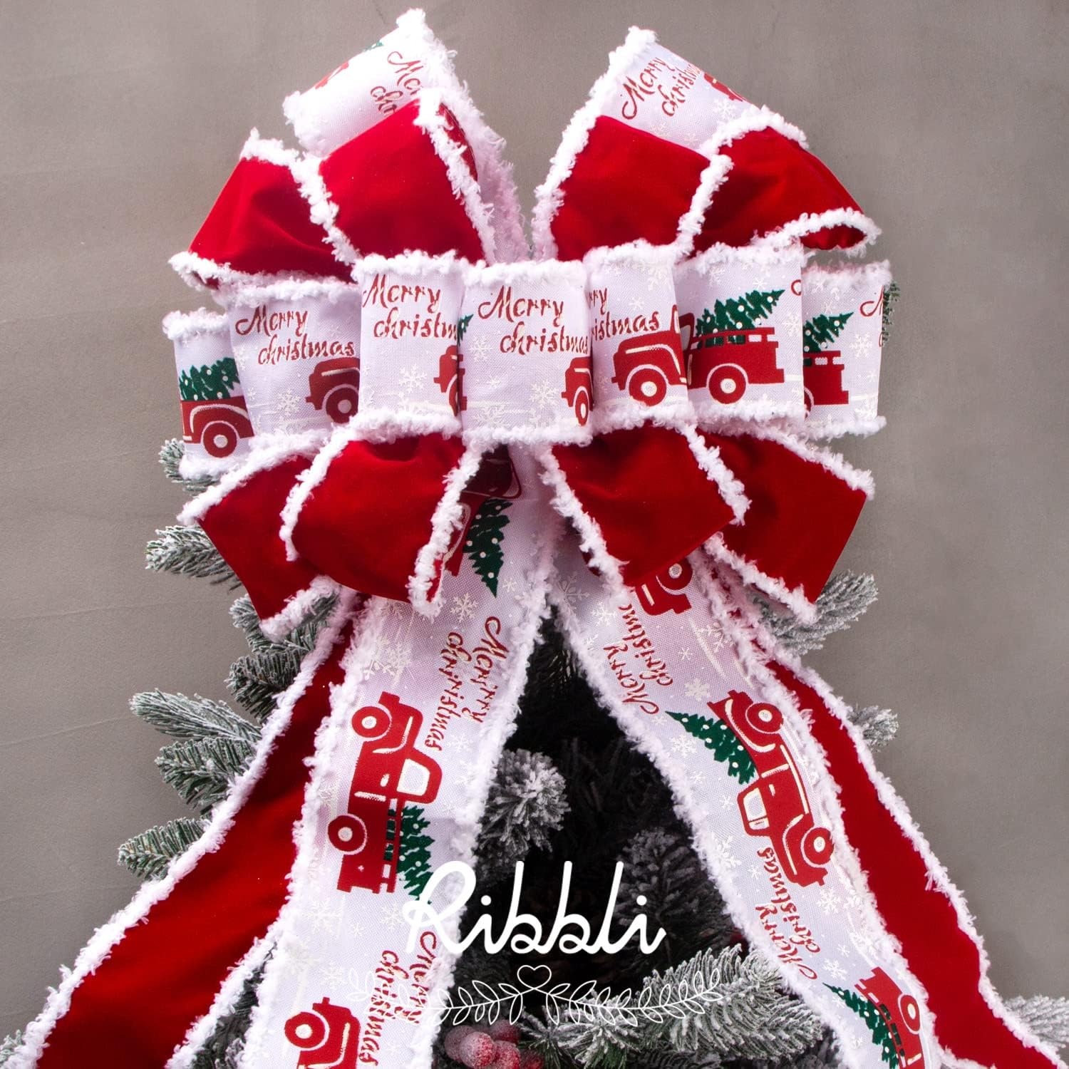 Ribbli Christmas Wired Red Truck Candy Cane Ribbon for Christmas Tree Decoration, Topper, Bow, Gift Wrapping, Wreaths, Garland – 2.5 Inch x 6 Rolls Total 30 Yd