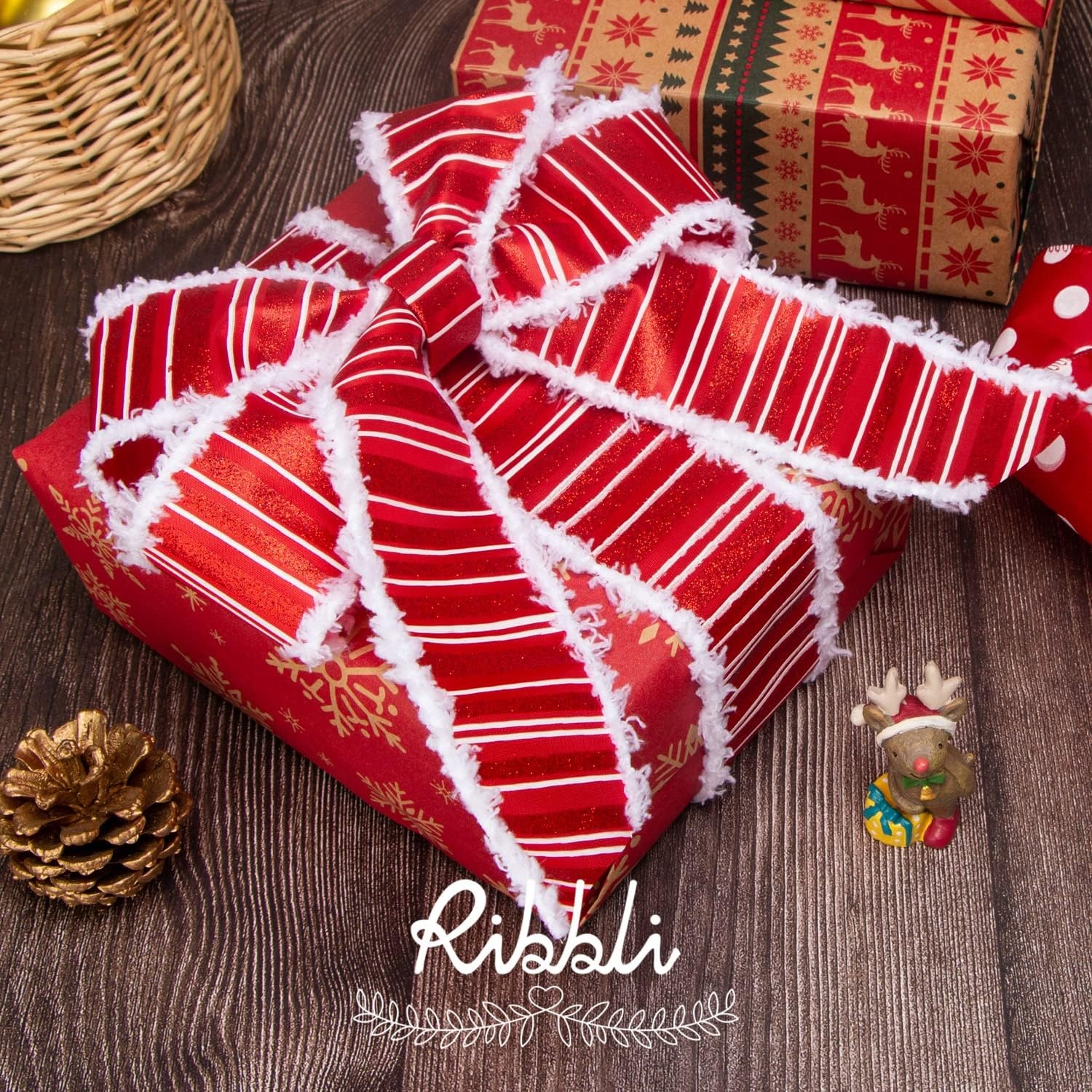 Ribbli Christmas Wired Red Truck Candy Cane Ribbon for Christmas Tree Decoration, Topper, Bow, Gift Wrapping, Wreaths, Garland – 2.5 Inch x 6 Rolls Total 30 Yd