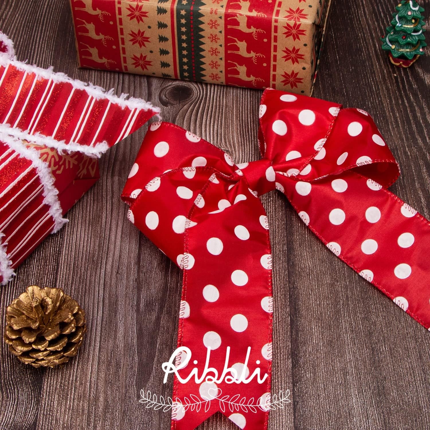 Ribbli Christmas Wired Red Truck Candy Cane Ribbon for Christmas Tree Decoration, Topper, Bow, Gift Wrapping, Wreaths, Garland – 2.5 Inch x 6 Rolls Total 30 Yd