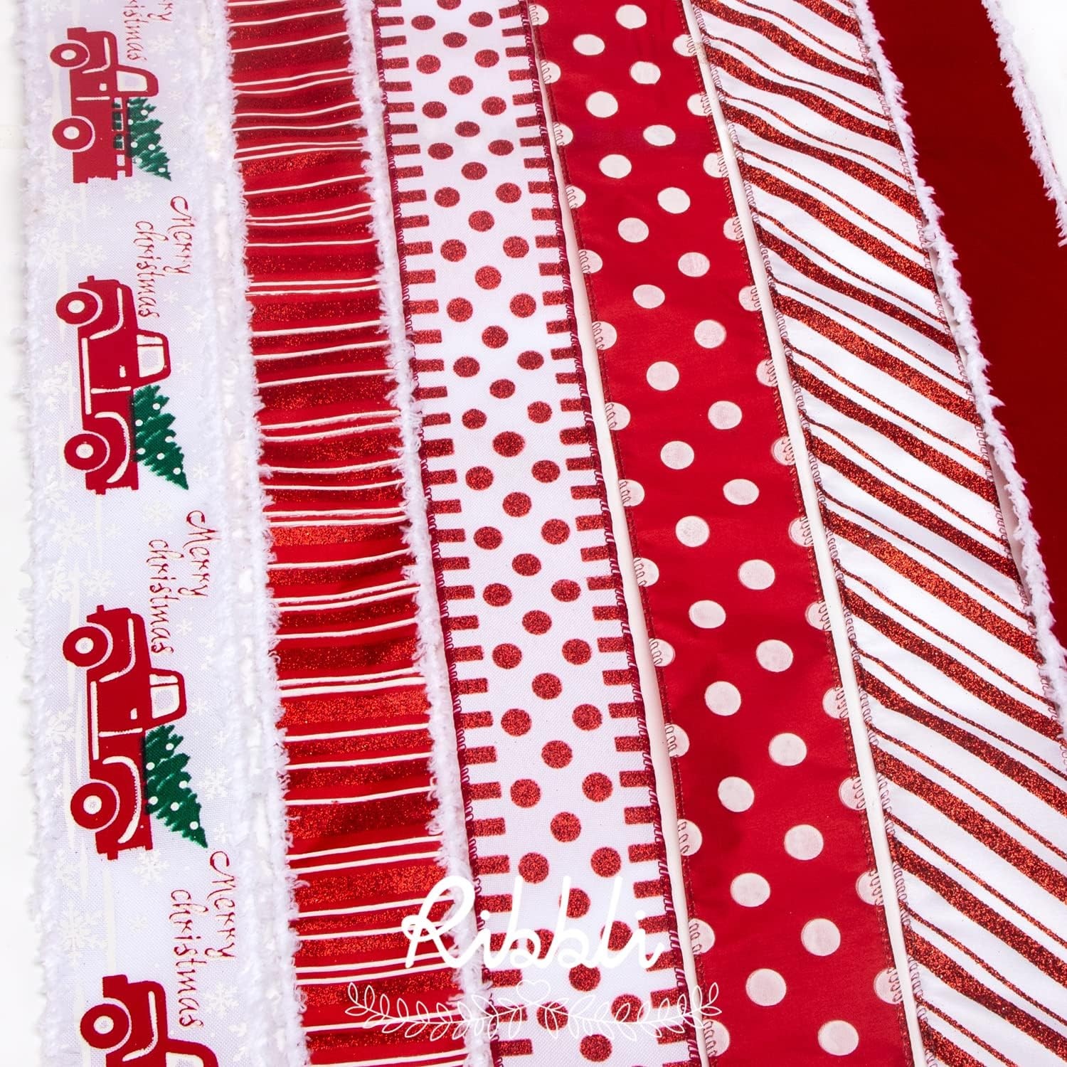 Ribbli Christmas Wired Red Truck Candy Cane Ribbon for Christmas Tree Decoration, Topper, Bow, Gift Wrapping, Wreaths, Garland – 2.5 Inch x 6 Rolls Total 30 Yd