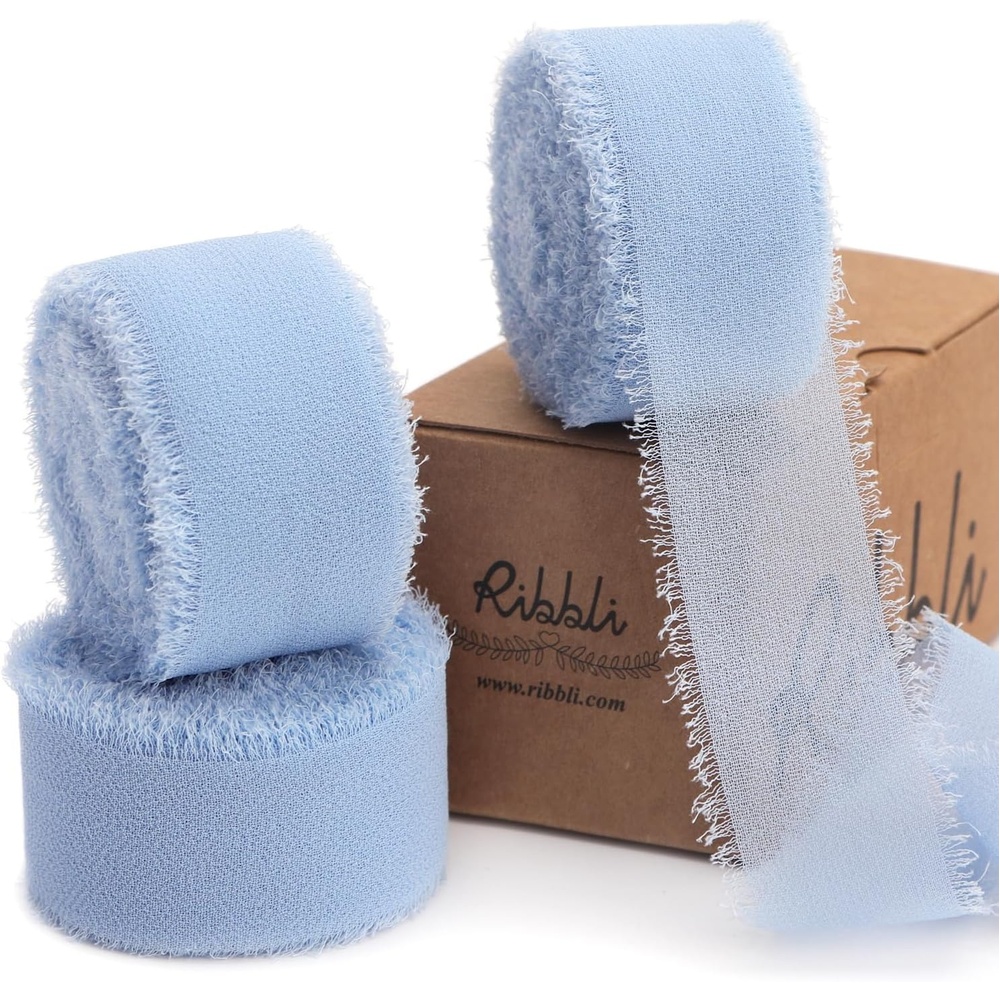 Ribbli Creamy Sage Ribbon 1 Inch x 3 Rolls Total 24 Yards Light Green Handmade Fringe Chiffon Silk Ribbon for Wrapping Wedding Invitations Bridal Bouquets DIY Crafts Home Decor(Lt.Dusty BLue)