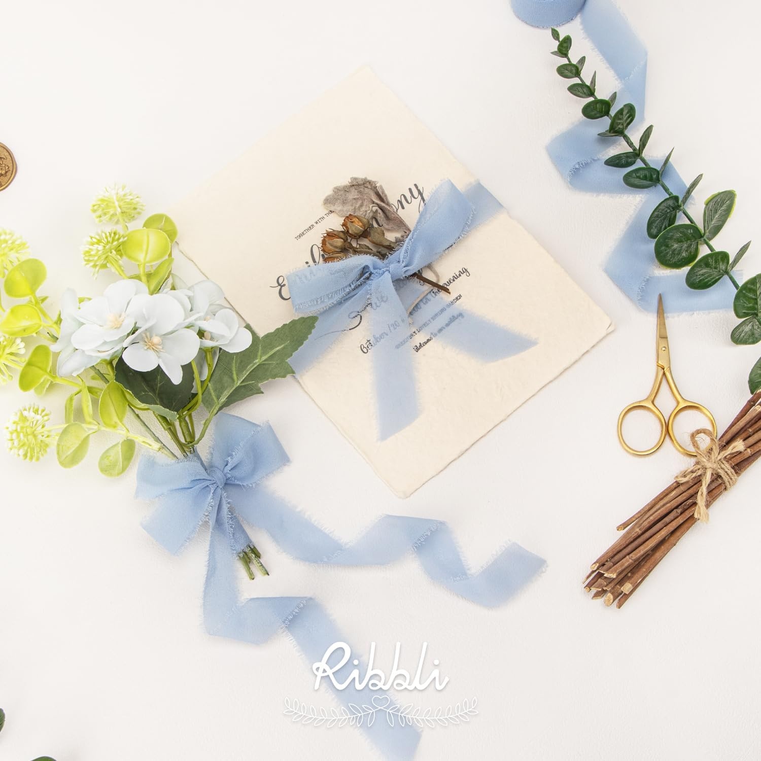 Ribbli Creamy Sage Ribbon 1 Inch x 3 Rolls Total 24 Yards Light Green Handmade Fringe Chiffon Silk Ribbon for Wrapping Wedding Invitations Bridal Bouquets DIY Crafts Home Decor(Lt.Dusty BLue)