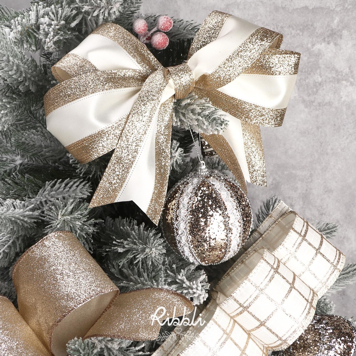 Ribbli Champagne Gold Wired Ribbon Satin with Glitter Edge 2.5 Inch Champagne Christmas Ribbon for Tree Gift Wrapping Wreaths Garland Topper Bows Crafts Home Decor -10 Yards(Champagne/Ivory)