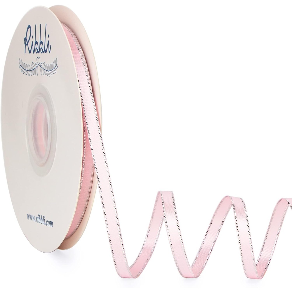 Ribbli Pearl Pink Satin Ribbon with Silver Edge,Double Faced Satin 3/8 inch x Continuous 50 Yards, Pearl Pink Ribbon Use for Crafts, Gift Wrapping, Wedding Card Decoration(Pearl Pink/Silver)