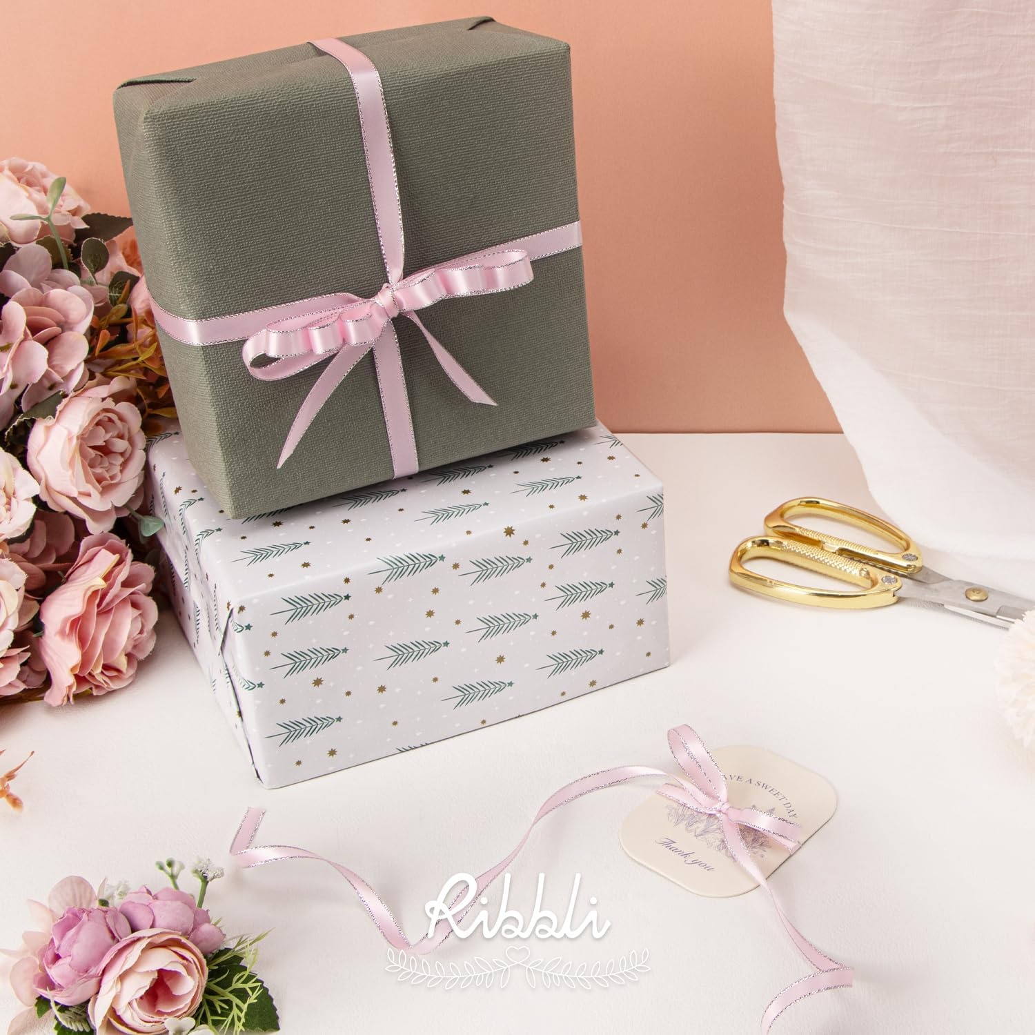 Ribbli Pearl Pink Satin Ribbon with Silver Edge,Double Faced Satin 3/8 inch x Continuous 50 Yards, Pearl Pink Ribbon Use for Crafts, Gift Wrapping, Wedding Card Decoration(Pearl Pink/Silver)