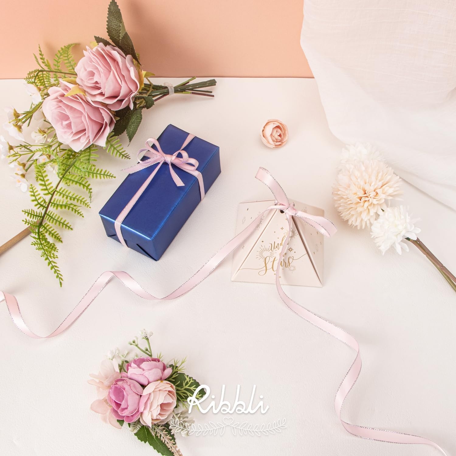 Ribbli Pearl Pink Satin Ribbon with Silver Edge,Double Faced Satin 3/8 inch x Continuous 50 Yards, Pearl Pink Ribbon Use for Crafts, Gift Wrapping, Wedding Card Decoration(Pearl Pink/Silver)