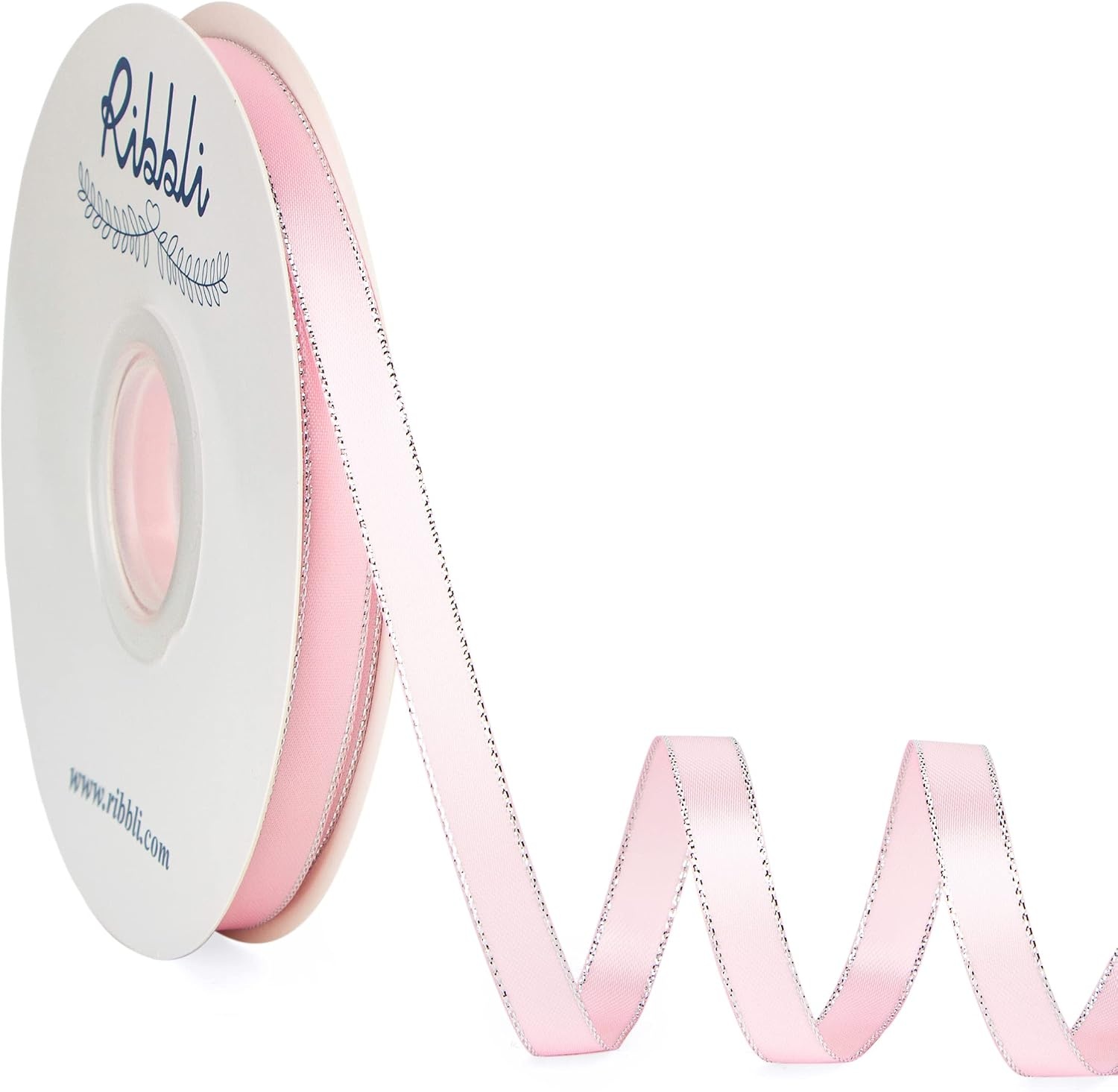 Ribbli Pearl Pink Satin Ribbon with Silver Edge,Double Faced Satin 3/8 inch x Continuous 50 Yards, Pearl Pink Ribbon Use for Crafts, Gift Wrapping, Wedding Card Decoration(Pearl Pink/Silver)