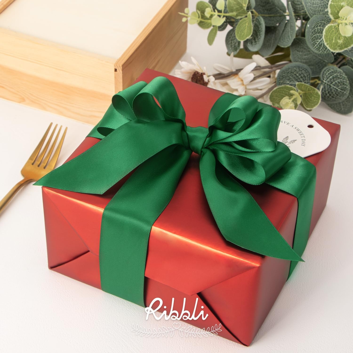 Ribbli Double Faced Rose Gold Satin Ribbon,3/8 x Continuous 25 Yards,Use for Bows Bouquet,Gift Wrapping,Floral Arrangement(Green Forest)