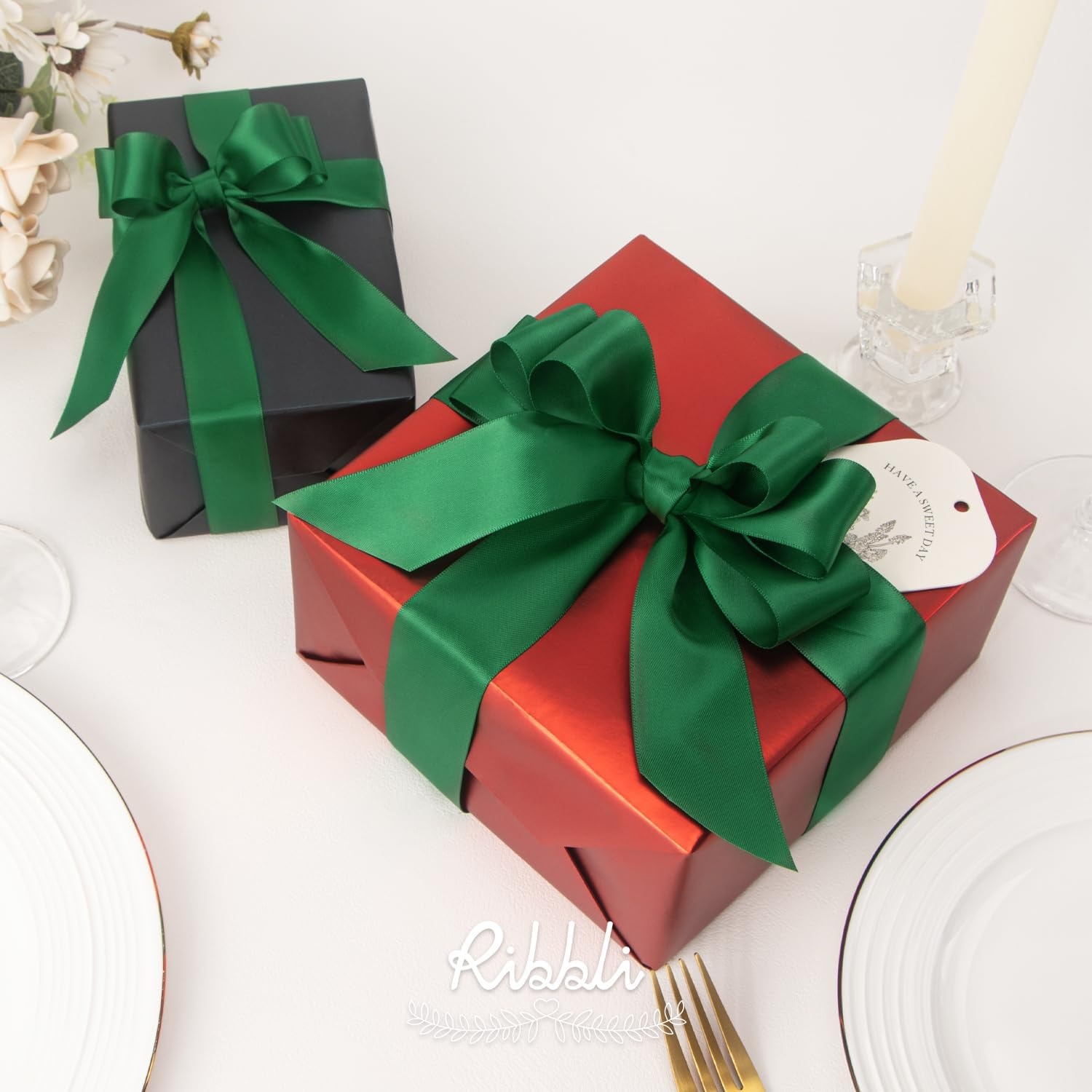 Ribbli Double Faced Rose Gold Satin Ribbon,3/8 x Continuous 25 Yards,Use for Bows Bouquet,Gift Wrapping,Floral Arrangement(Green Forest)