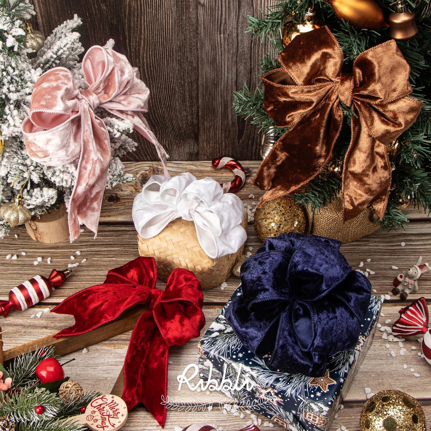 Ribbli Royal Blue Velvet Wired Ribbon 4 Inch Crushed Velvet Christmas Ribbon for Gift Wrapping Christmas Tree Decoration Crafts Wreaths Supplies-Continuous 10 Yards(White)