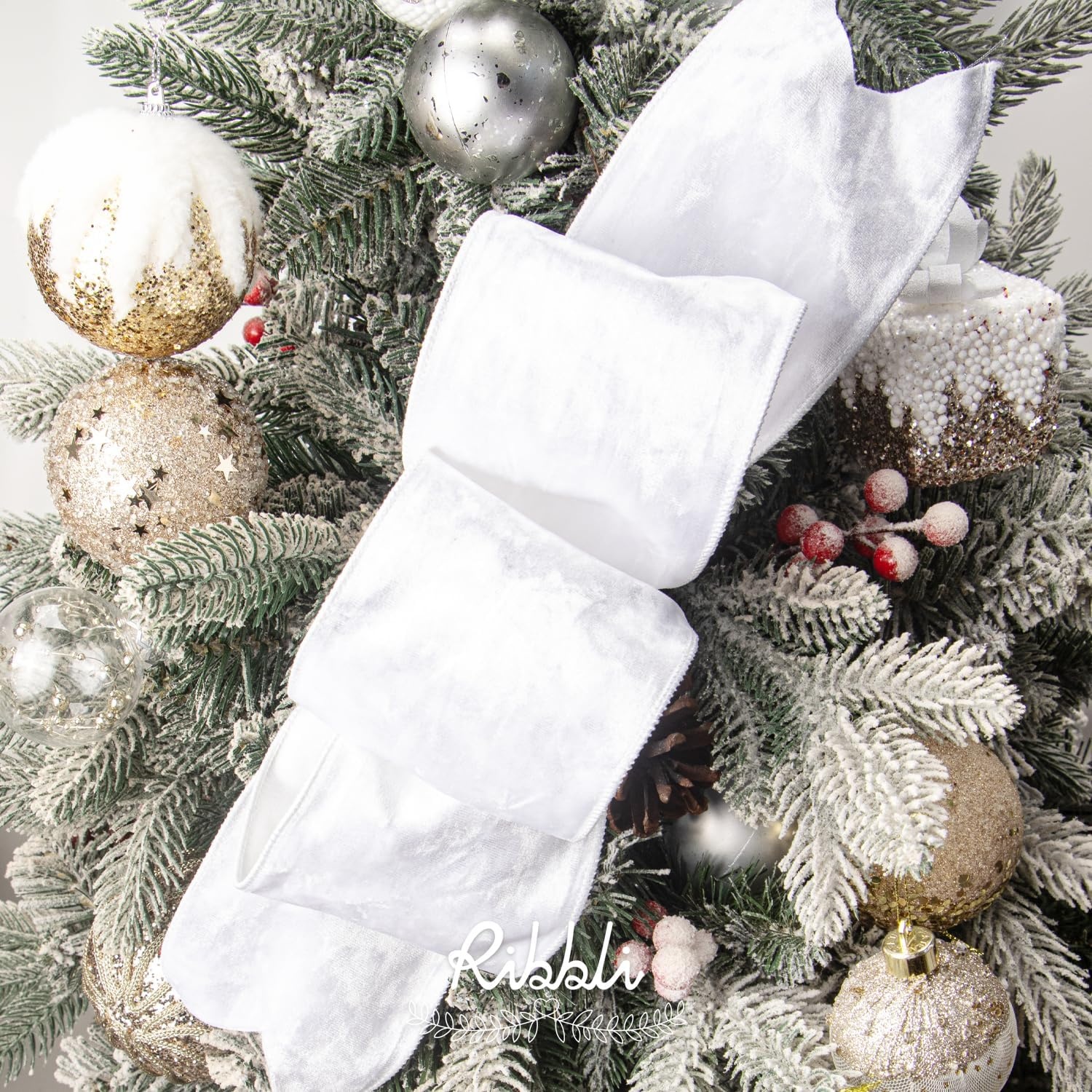 Ribbli Royal Blue Velvet Wired Ribbon 4 Inch Crushed Velvet Christmas Ribbon for Gift Wrapping Christmas Tree Decoration Crafts Wreaths Supplies-Continuous 10 Yards(White)