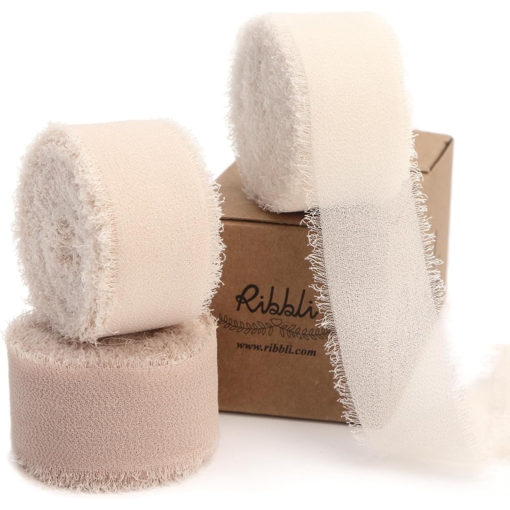 Ribbli Creamy Sage Ribbon 1 Inch x 3 Rolls Total 24 Yards Light Green Handmade Fringe Chiffon Silk Ribbon for Wrapping Wedding Invitations Bridal Bouquets DIY Crafts Home Decor(Cream/Nude/Beige)