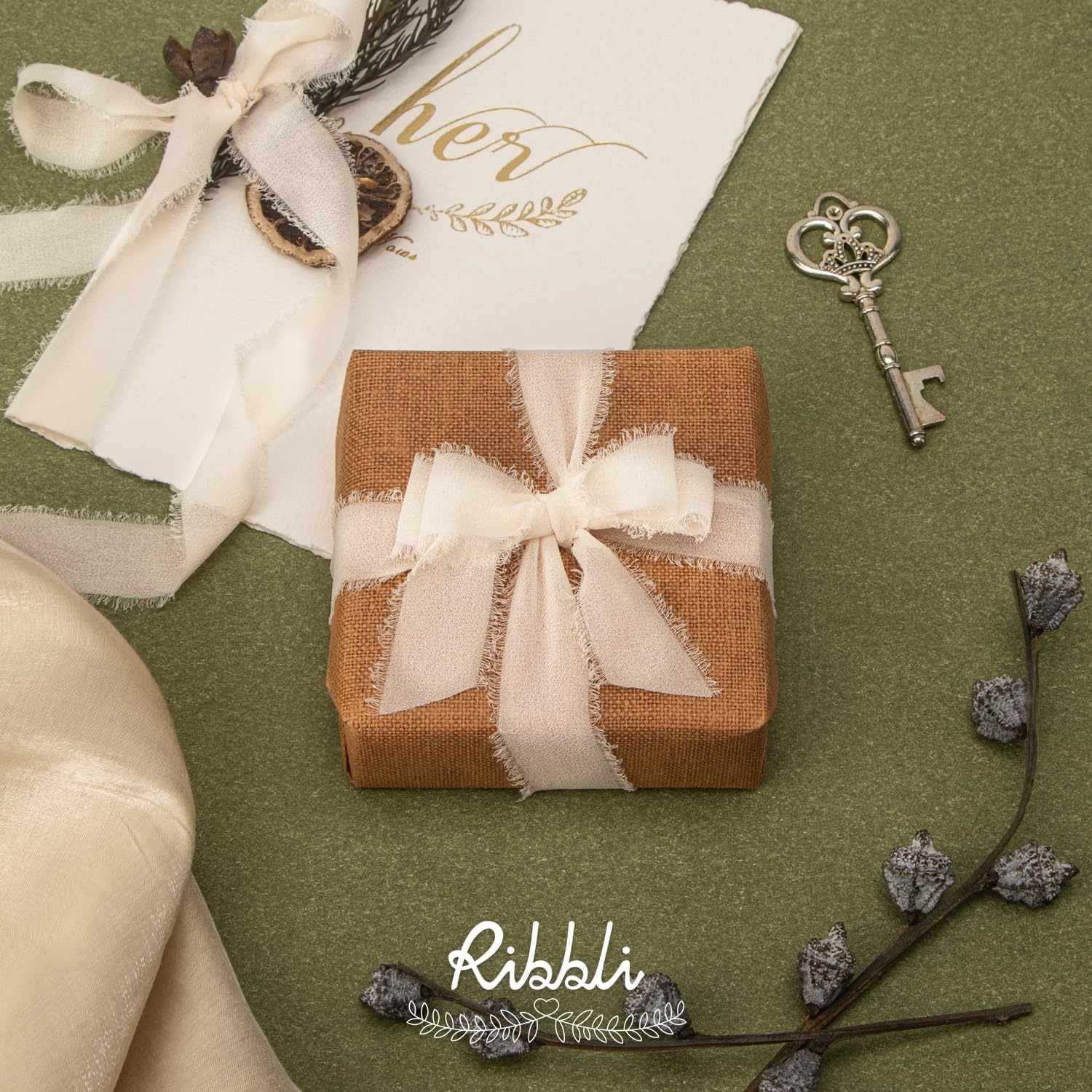 Ribbli Creamy Sage Ribbon 1 Inch x 3 Rolls Total 24 Yards Light Green Handmade Fringe Chiffon Silk Ribbon for Wrapping Wedding Invitations Bridal Bouquets DIY Crafts Home Decor(Cream/Nude/Beige)