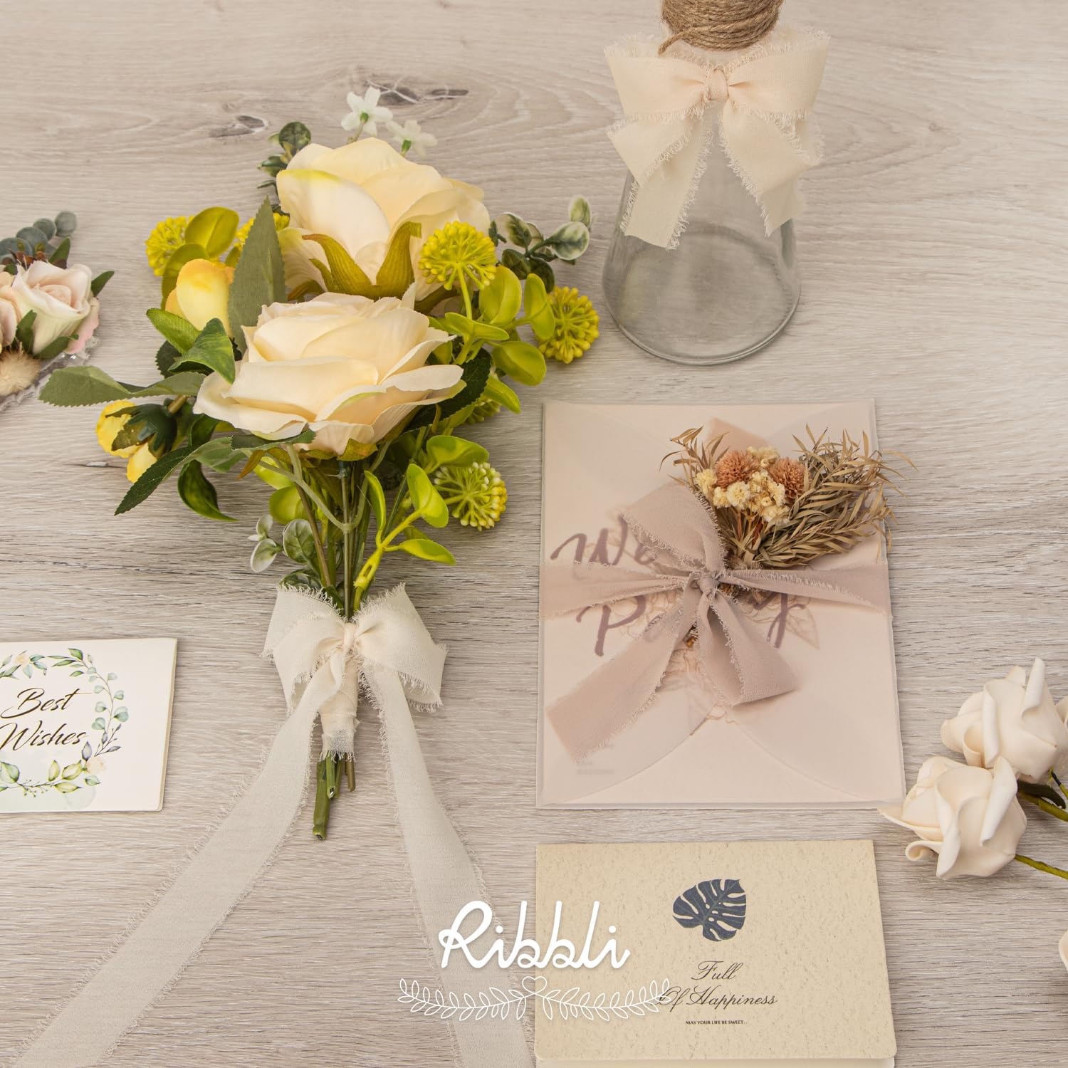 Ribbli Creamy Sage Ribbon 1 Inch x 3 Rolls Total 24 Yards Light Green Handmade Fringe Chiffon Silk Ribbon for Wrapping Wedding Invitations Bridal Bouquets DIY Crafts Home Decor(Cream/Nude/Beige)