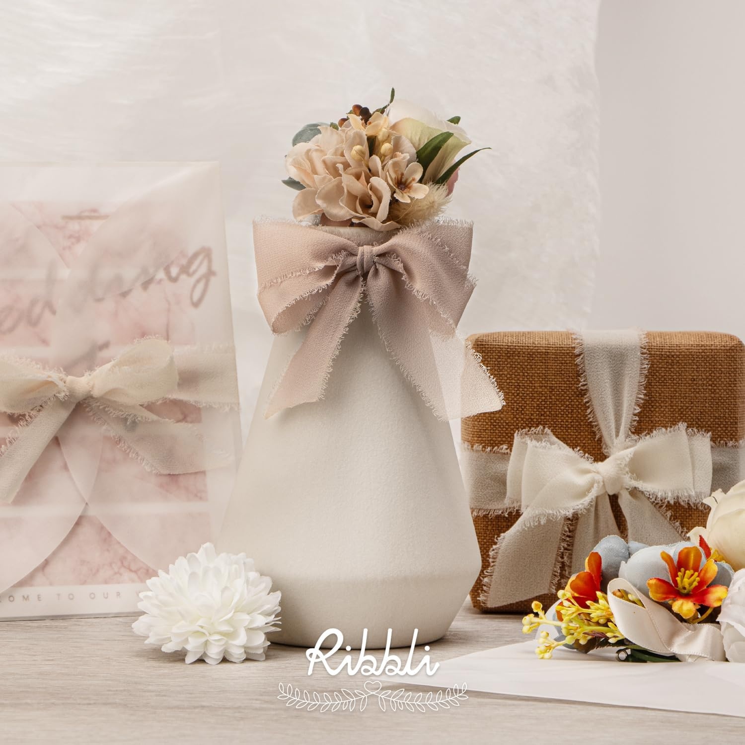 Ribbli Creamy Sage Ribbon 1 Inch x 3 Rolls Total 24 Yards Light Green Handmade Fringe Chiffon Silk Ribbon for Wrapping Wedding Invitations Bridal Bouquets DIY Crafts Home Decor(Cream/Nude/Beige)