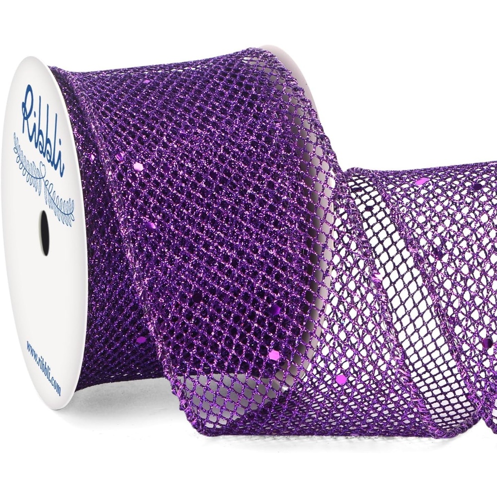 Ribbli Pink Glitter Wired Ribbon for Christmas Tree – Diamond Mesh Sparkling Ribbon, 2.5 Inch x 10 Yard, Perfect for Gift Wrapping, Crafts & Wreath Supplies(Purple)